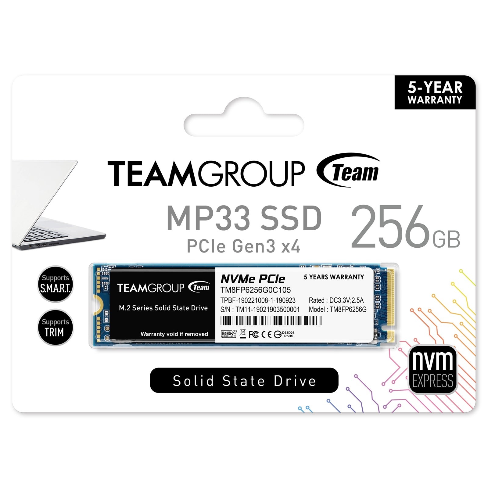 Team MP33 (TM8FP6256G0C101) 256GB NVMe M.2 Interface, PCIe Gen3, 2280, Read 1600MB/s, Write 1000MB/s, 3 Year Warranty