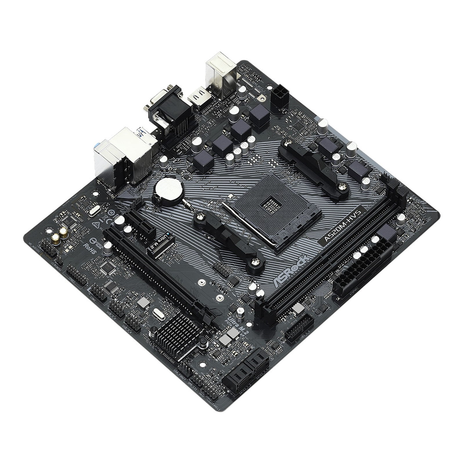 ASRock A520M-HVS Super Alloy AMD AM4 Socket Motherboard, Micro-ATX, 2x DDR4 Slots, 1x M.2 Socket, GbE LAN, 1x D-Sub / 1x HDMI Port