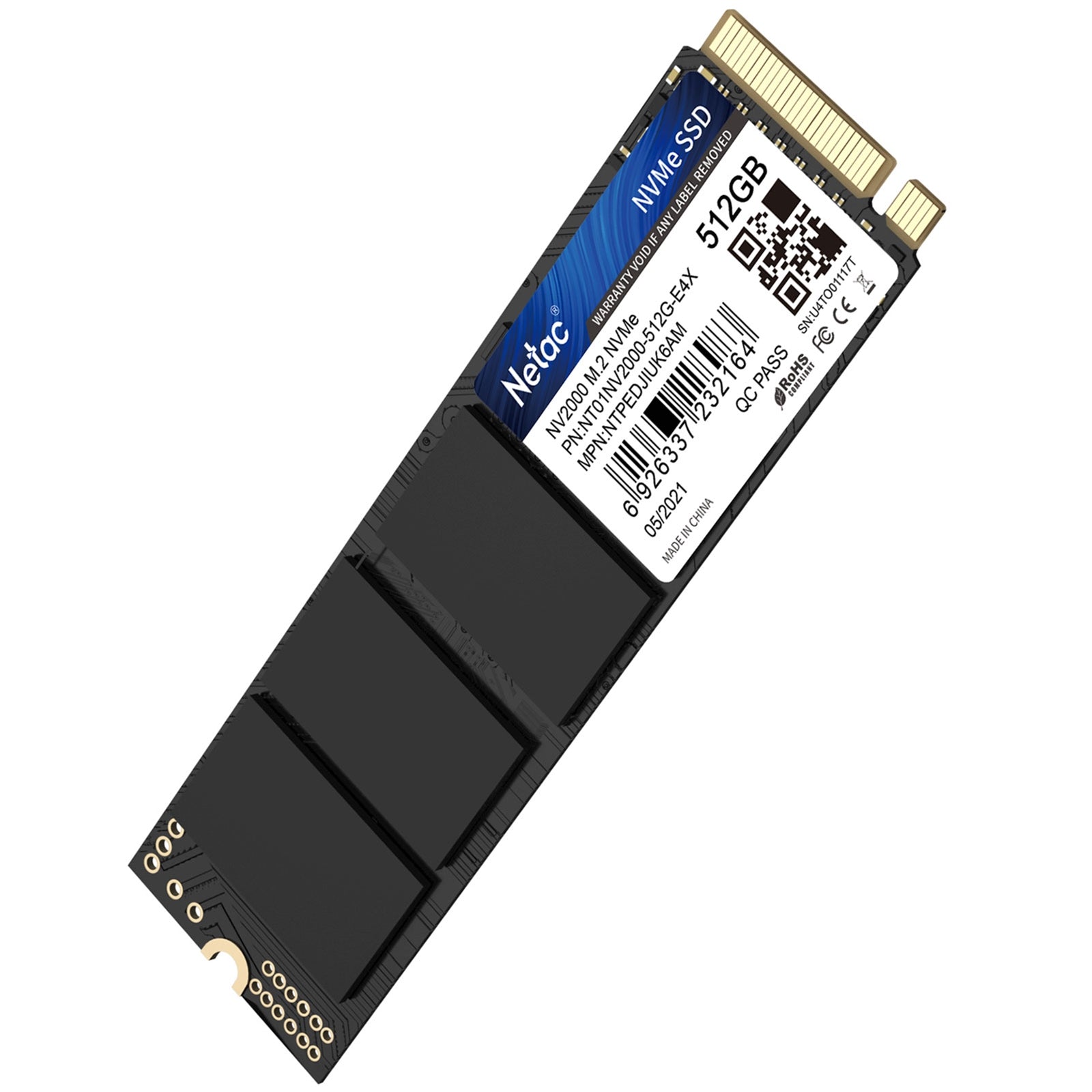 NETAC NV2000 (NT01NV2000-512-E4X) 512GB NVMe SSD, M.2 Interface, PCIe Gen3, 2280, Read 2500MB/s, Write 1900MB/s, 5 Year Warranty