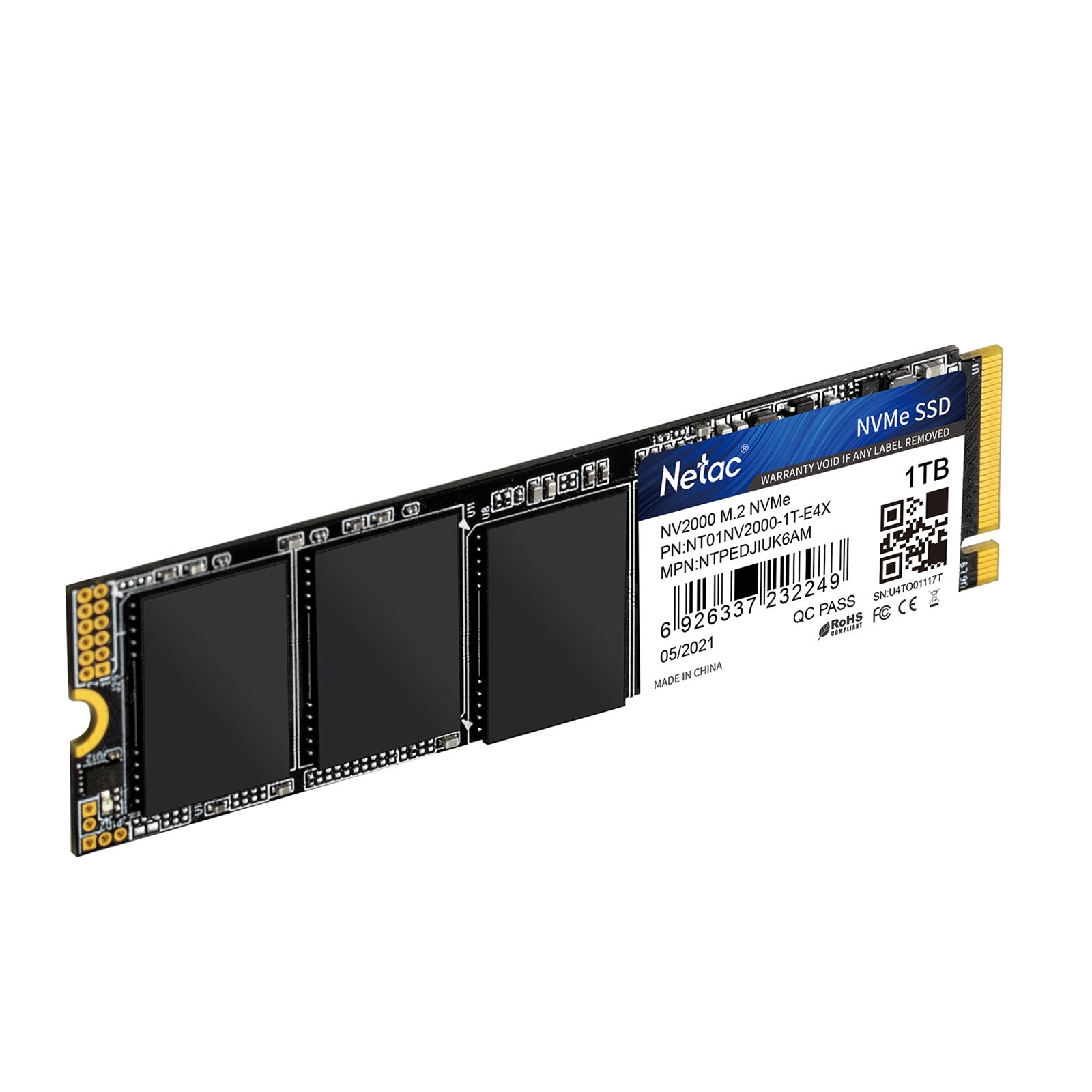 NETAC NV2000 (NT01NV2000-1T0-E4X) 1TB NVMe SSD, M.2 Interface, PCIe Gen3, 2280, Read 2500MB/s, Write 2100MB/s, 5 Year Warranty