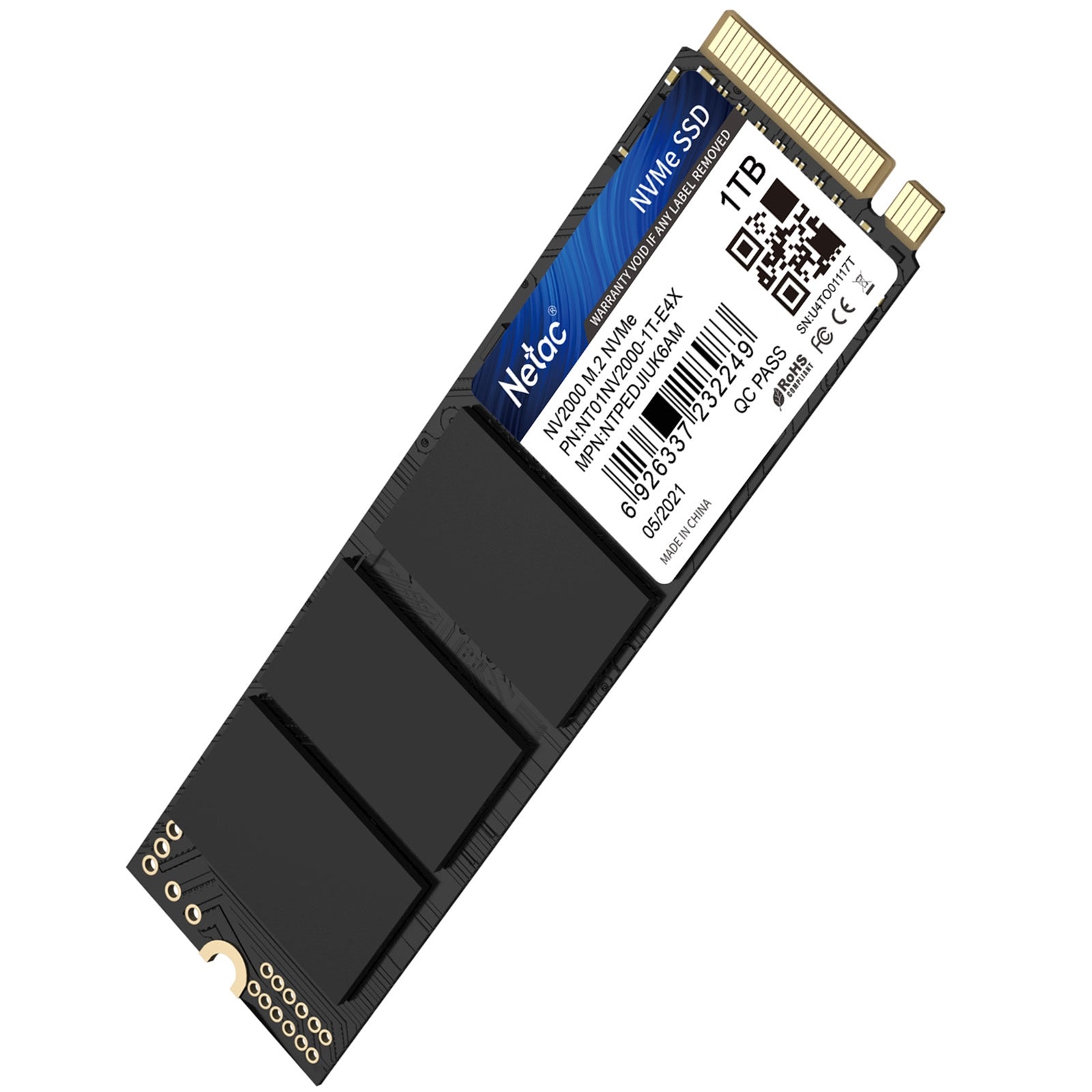 NETAC NV2000 (NT01NV2000-1T0-E4X) 1TB NVMe SSD, M.2 Interface, PCIe Gen3, 2280, Read 2500MB/s, Write 2100MB/s, 5 Year Warranty