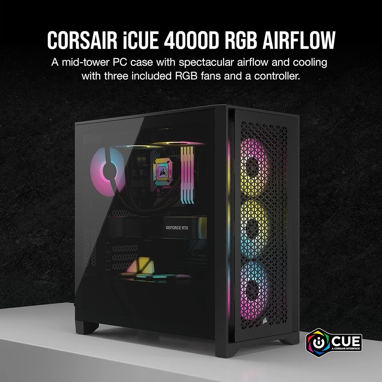 Corsair iCUE 4000D RGB Airflow Gaming Case w/ Glass Window, E-ATX, 3x AF120 RGB Fans, High-Airflow Front, USB-C, RGB Controller, Black