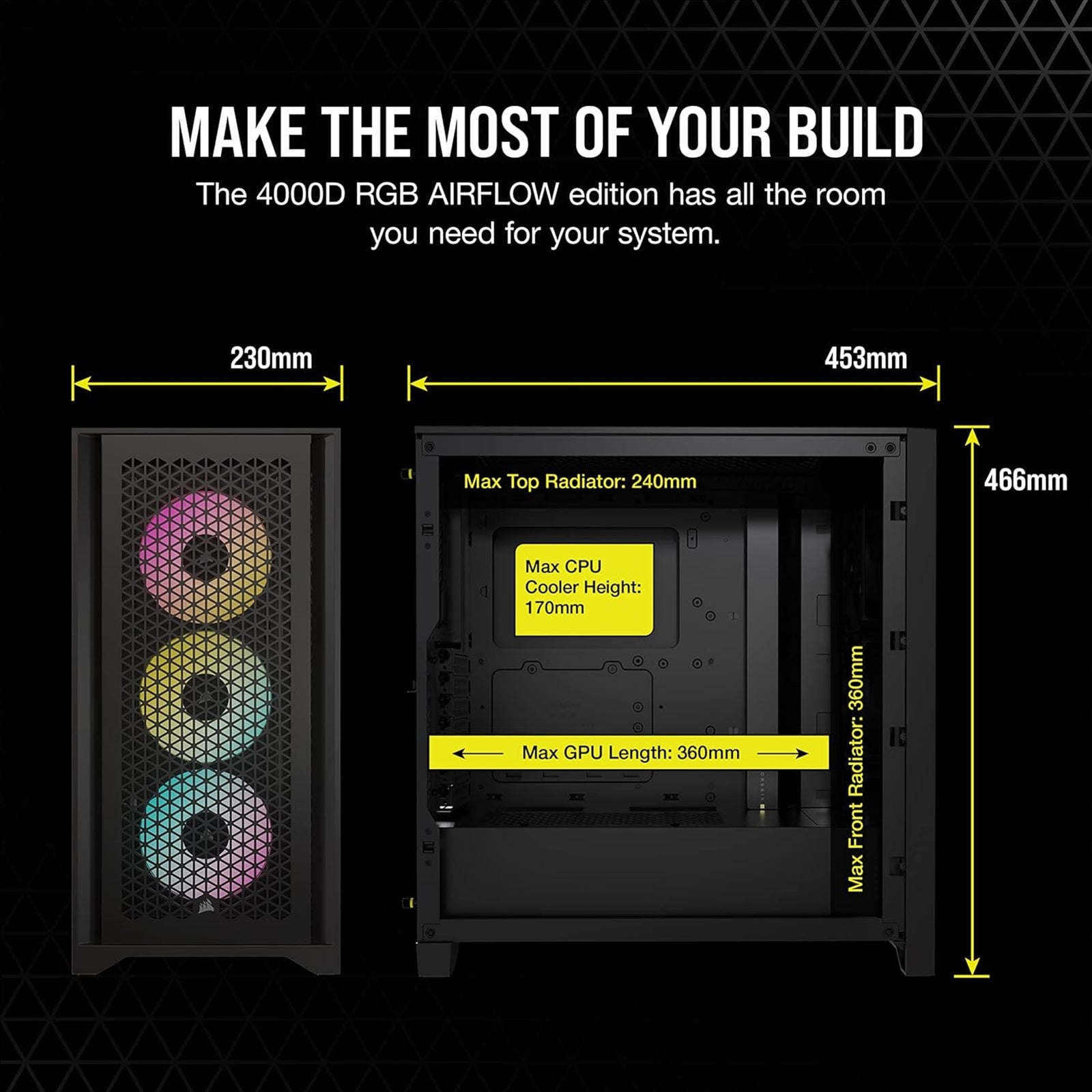 Corsair iCUE 4000D RGB Airflow Gaming Case w/ Glass Window, E-ATX, 3x AF120 RGB Fans, High-Airflow Front, USB-C, RGB Controller, Black
