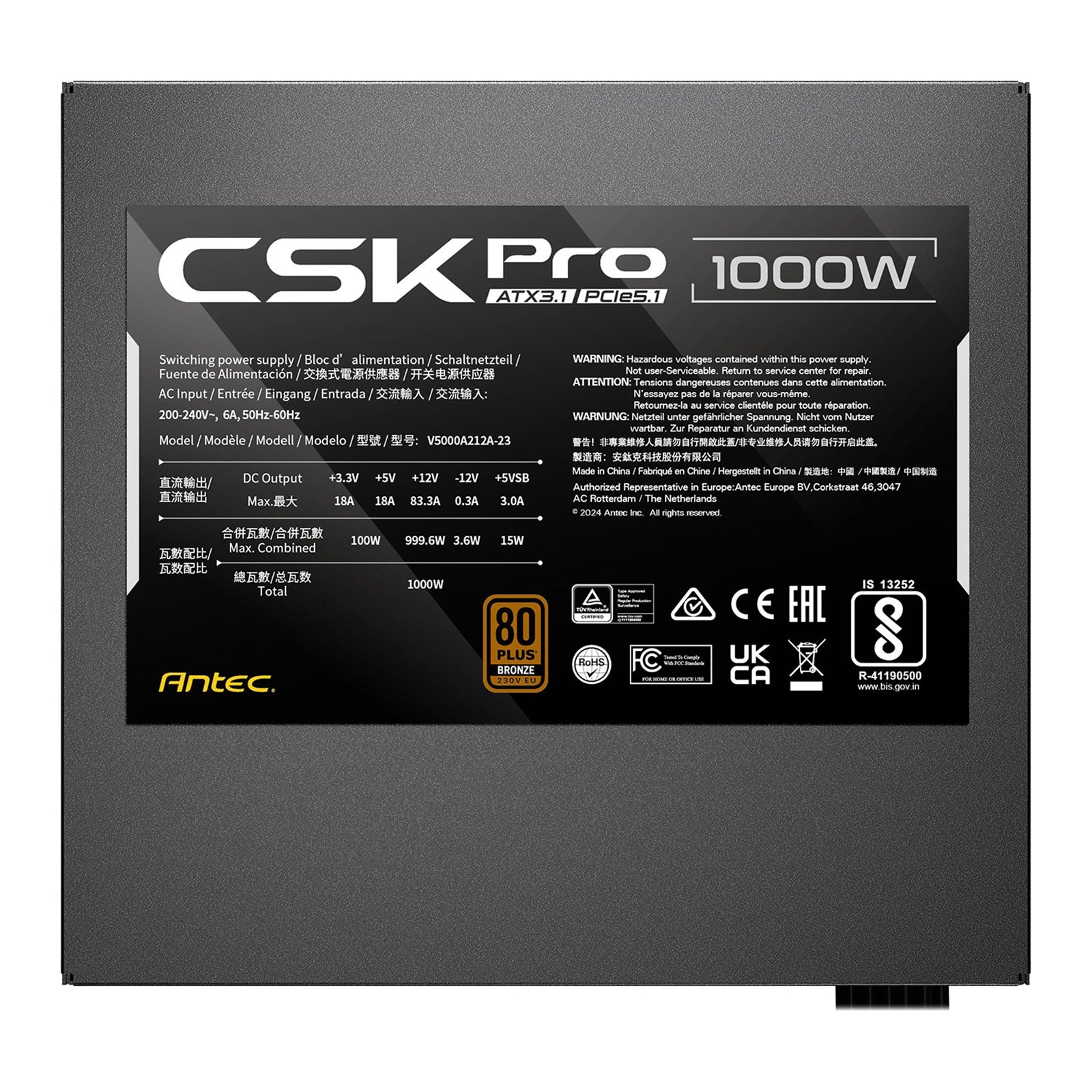 Antec CSK1000 PRO 1000W ATX 3.1 Power Supply - 80 PLUS Bronze, Semi-Modular, PCIe 5.1 Ready, 12V-2x6 Connector, Quiet 120mm Fan, UK Plug