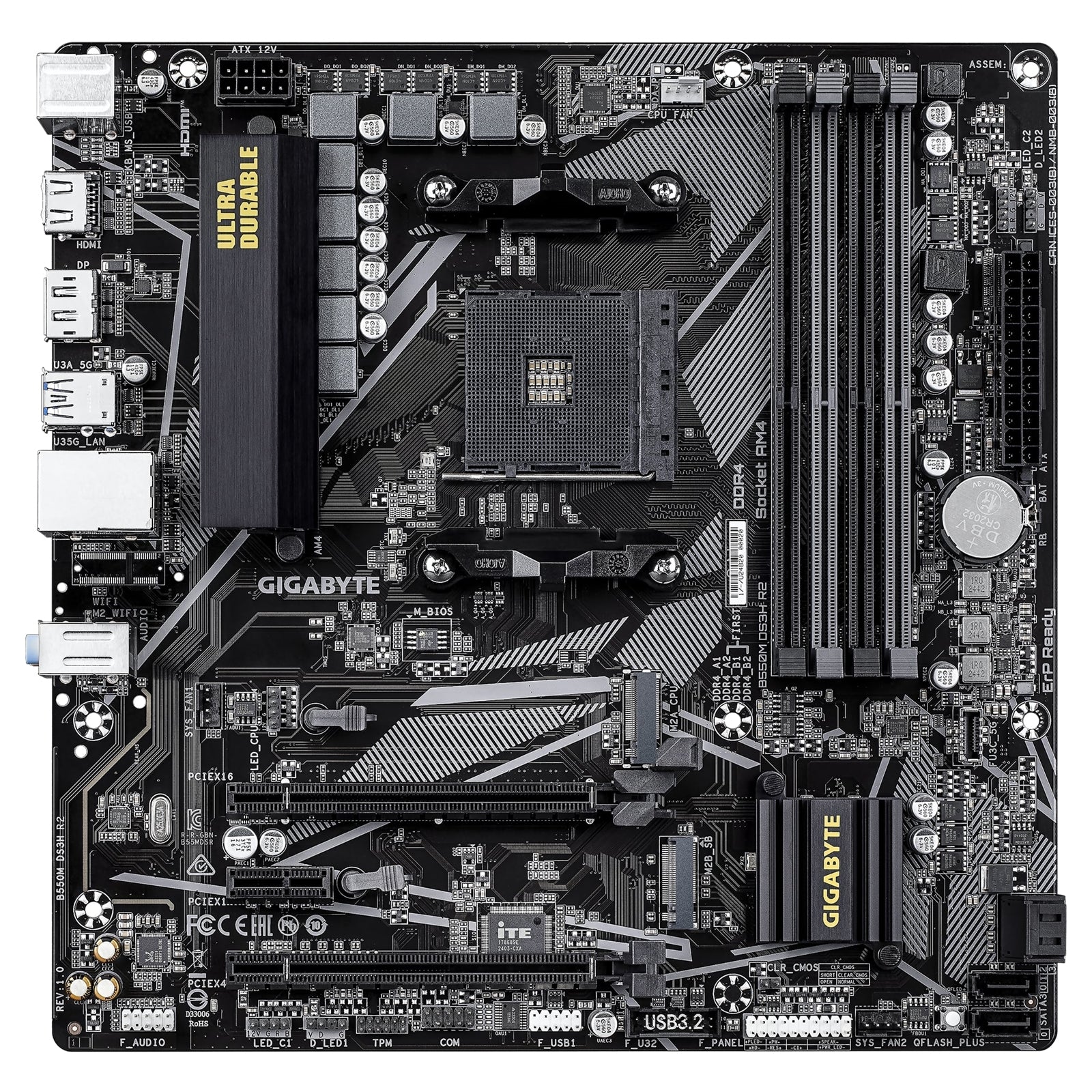 Gigabyte B550M DS3H R2 AMD AM4 Socket Micro ATX Motherboard, Dual Channel DDR4, 4x DIMMS, 2x M.2 slots, including PCIe 4.0 x1