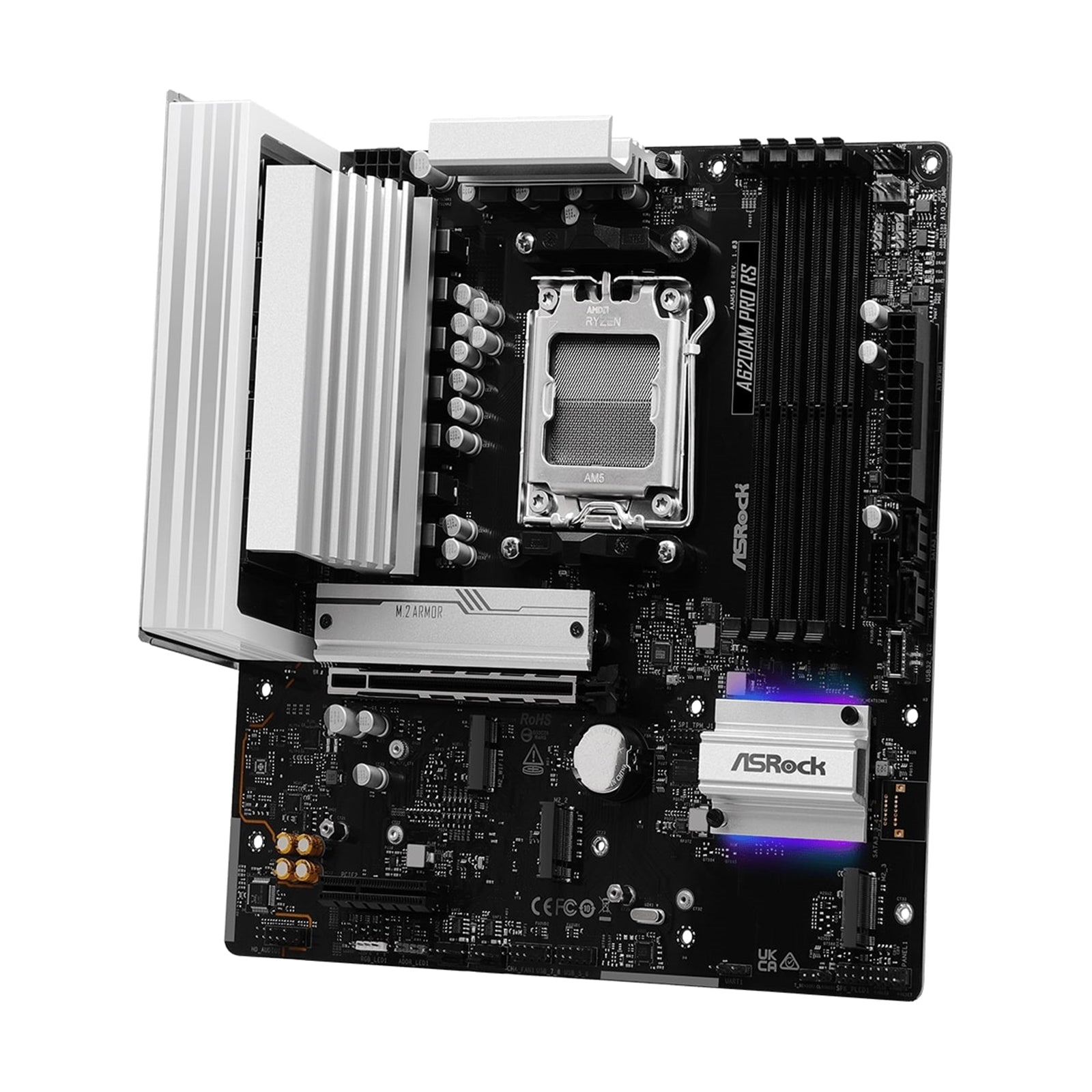 ASRock A620AM PRO RS AMD Socket AM5 Motherboard, 4 x DDR5 DIMM Slots, 1 x M.2 Socket (Key E), 2 x USB 3.2 Type-C, 2.5G LAN, 1 x HDMI Port/ 1 x Display Port