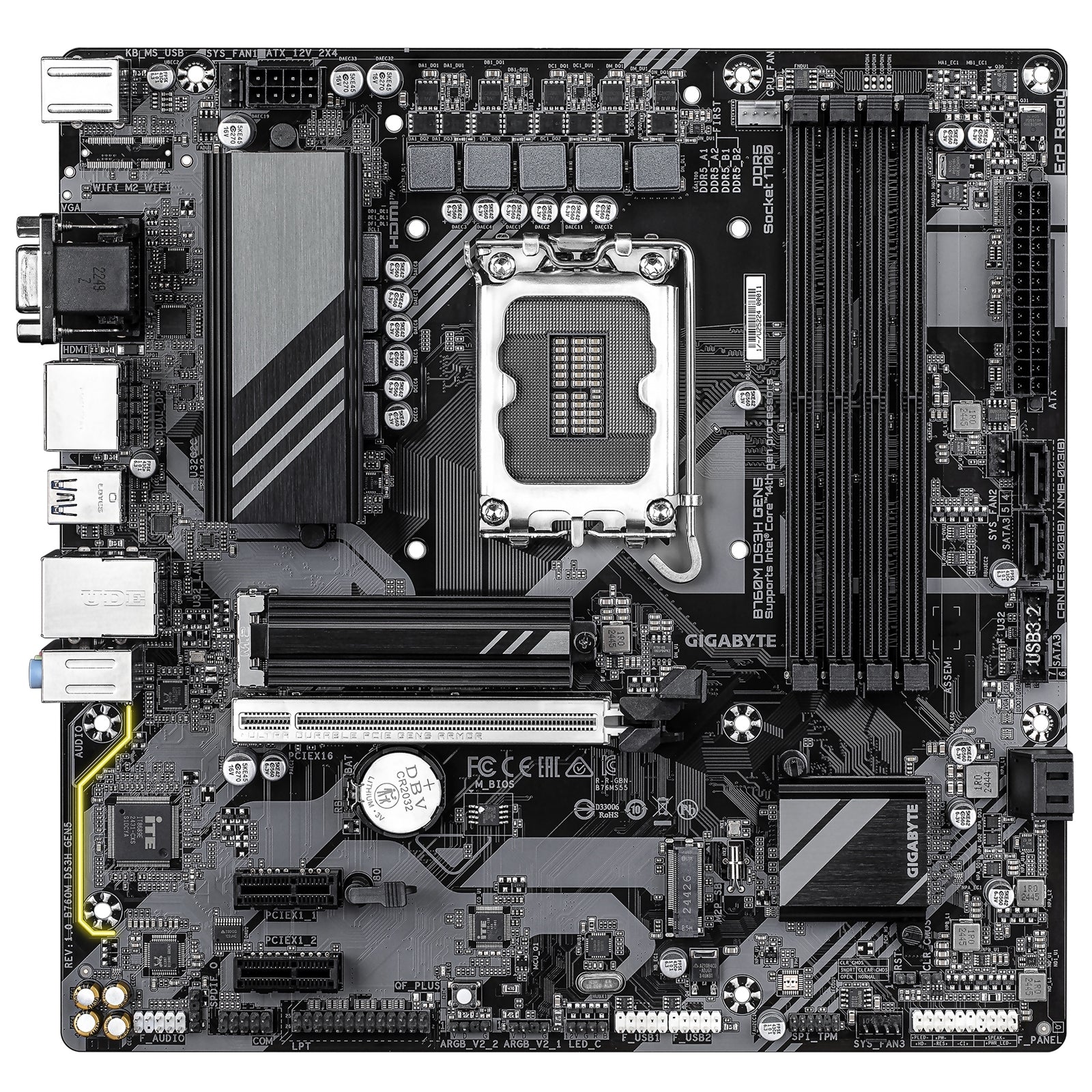 Gigabyte B760M DS3H GEN5 Intel Socket 1700 Motherboard, Micro ATX, 4x DDR5 Slots, 2x M.2 Sockets, 1x USB-C Port, 2.5GbE LAN, 1x D-Sub / 1x DisplayPort / 1x HDMI Port