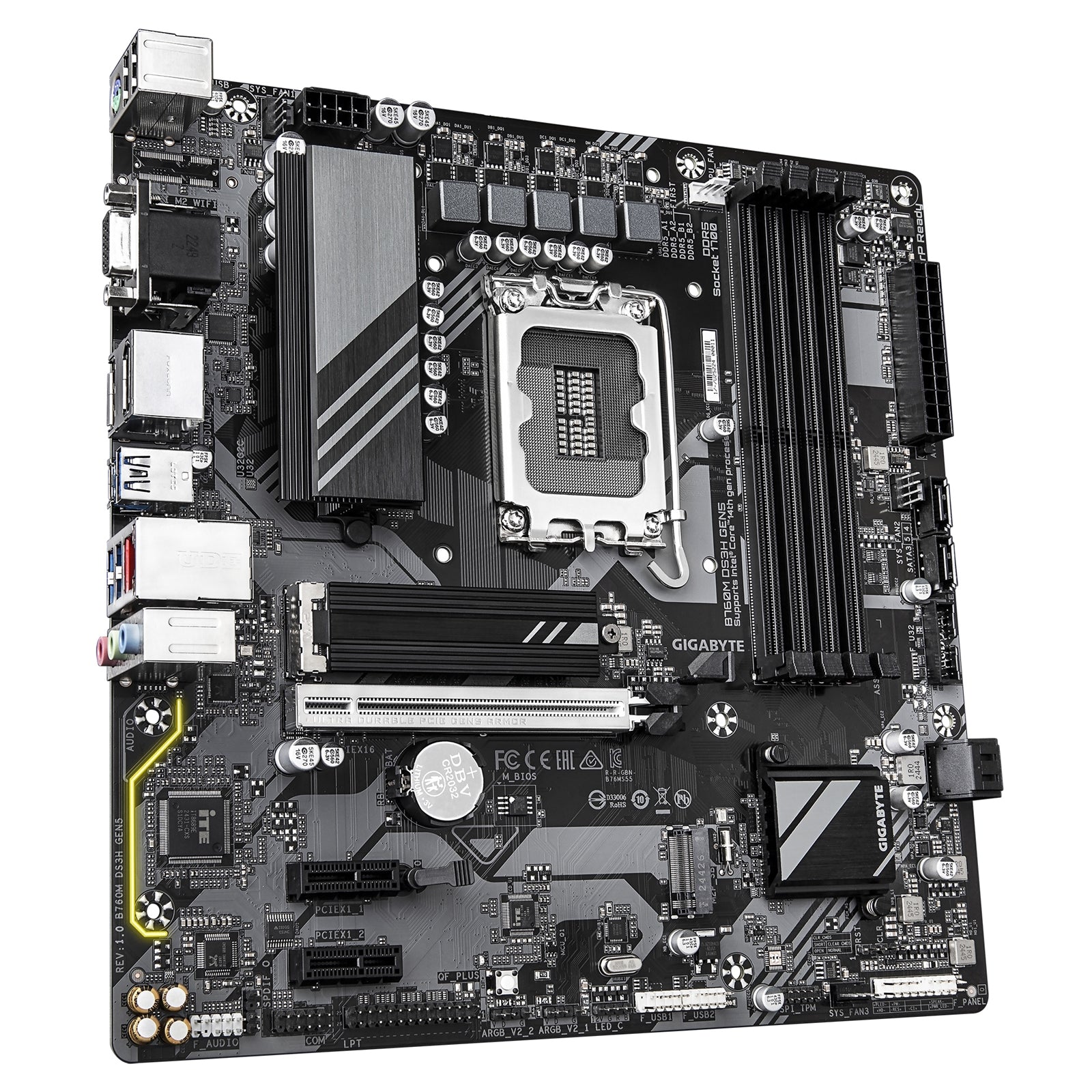 Gigabyte B760M DS3H GEN5 Intel Socket 1700 Motherboard, Micro ATX, 4x DDR5 Slots, 2x M.2 Sockets, 1x USB-C Port, 2.5GbE LAN, 1x D-Sub / 1x DisplayPort / 1x HDMI Port