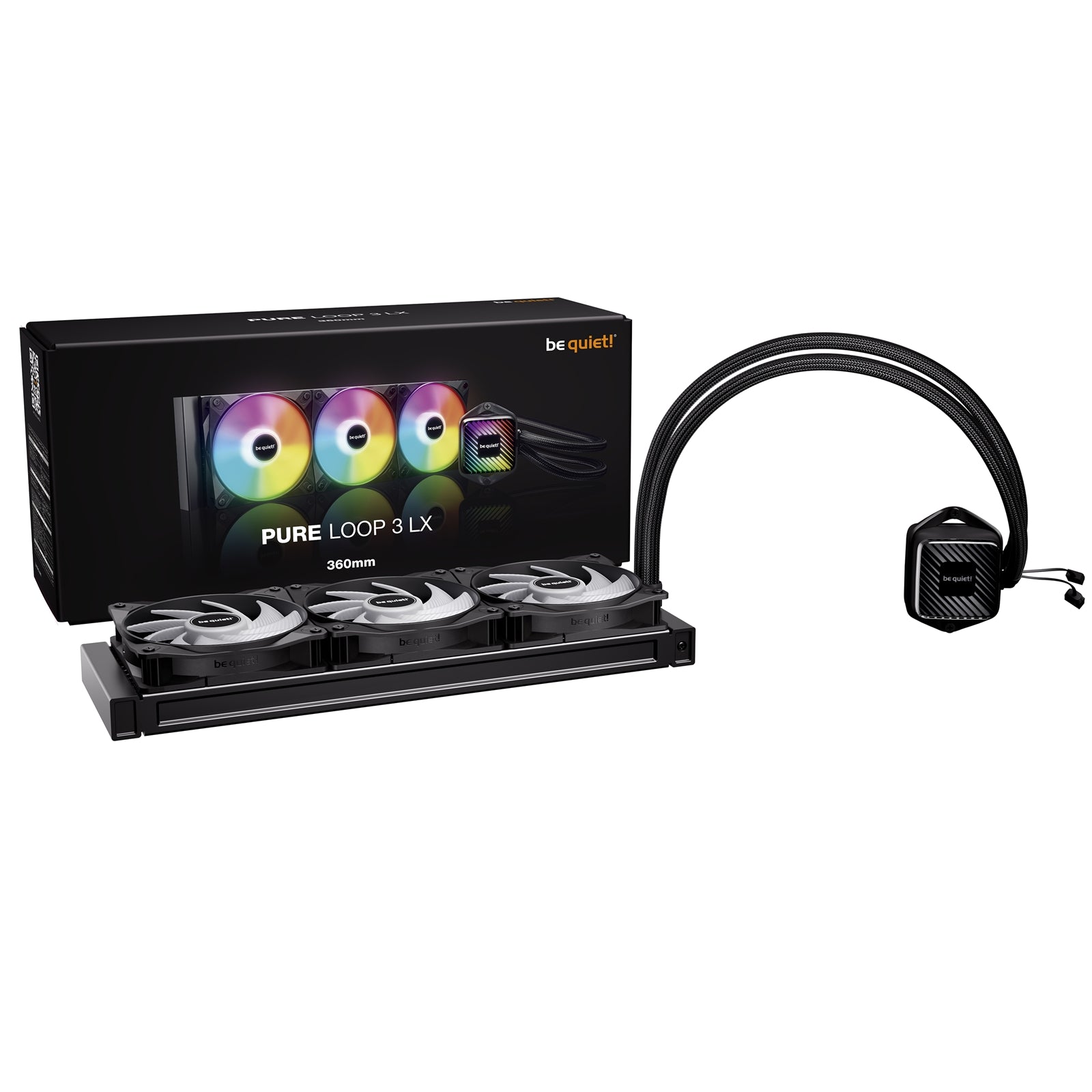 be quiet! Pure Loop 3 LX Liquid CPU Cooler, Universal Socket, 360mm Radiator, 3 x Light  Wings LX PWM High Speed, Stylish ARGB cooling block featuring 10 included lighting foils, 3-year manufacurer's warranty.