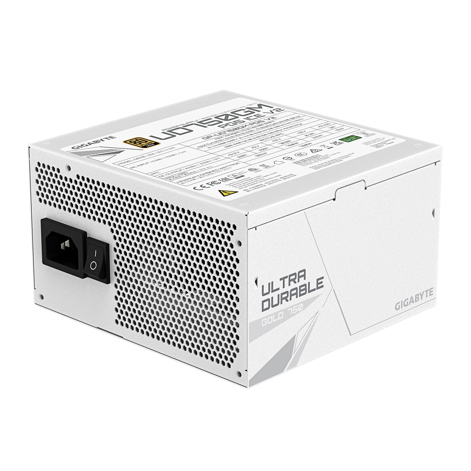 GIGABYTE GP-UD750GM 850W V2 ICE, 80 Plus Gold Certified Fully Modular Power Supply, PCIe Gen 5.1, 80 PLUS Gold, Fully Modular Design, 120mm Fan, ATX 3.1 compatible, UK Plug