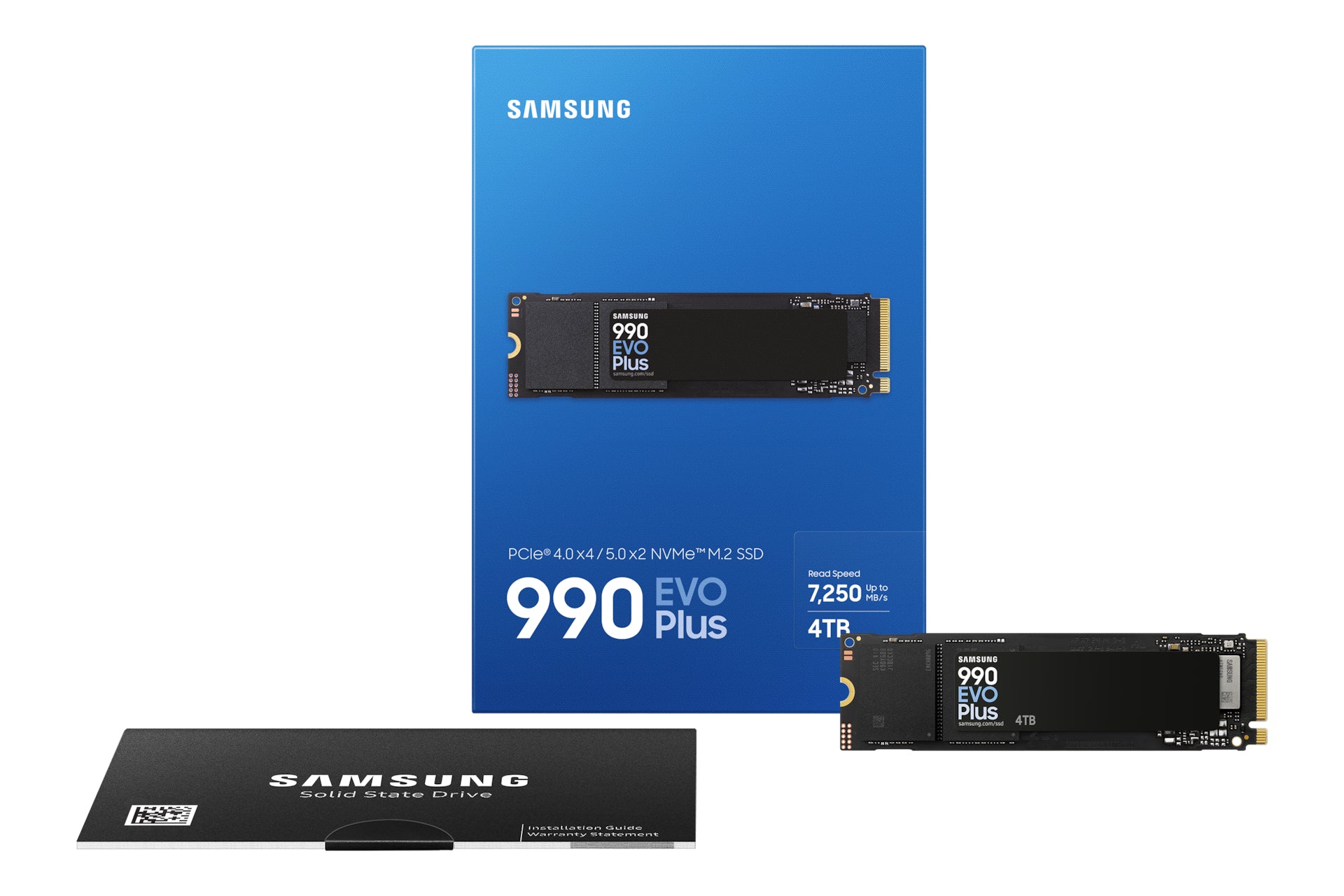 Samsung 4TB 990 EVO PLUS M.2 NVMe Gen4/5 SSD, M.2 2280, PCIe 4.0/5.0 x2, V-NAND, R/W 7250/6300 MB/s, 1050K/1400K IOPS