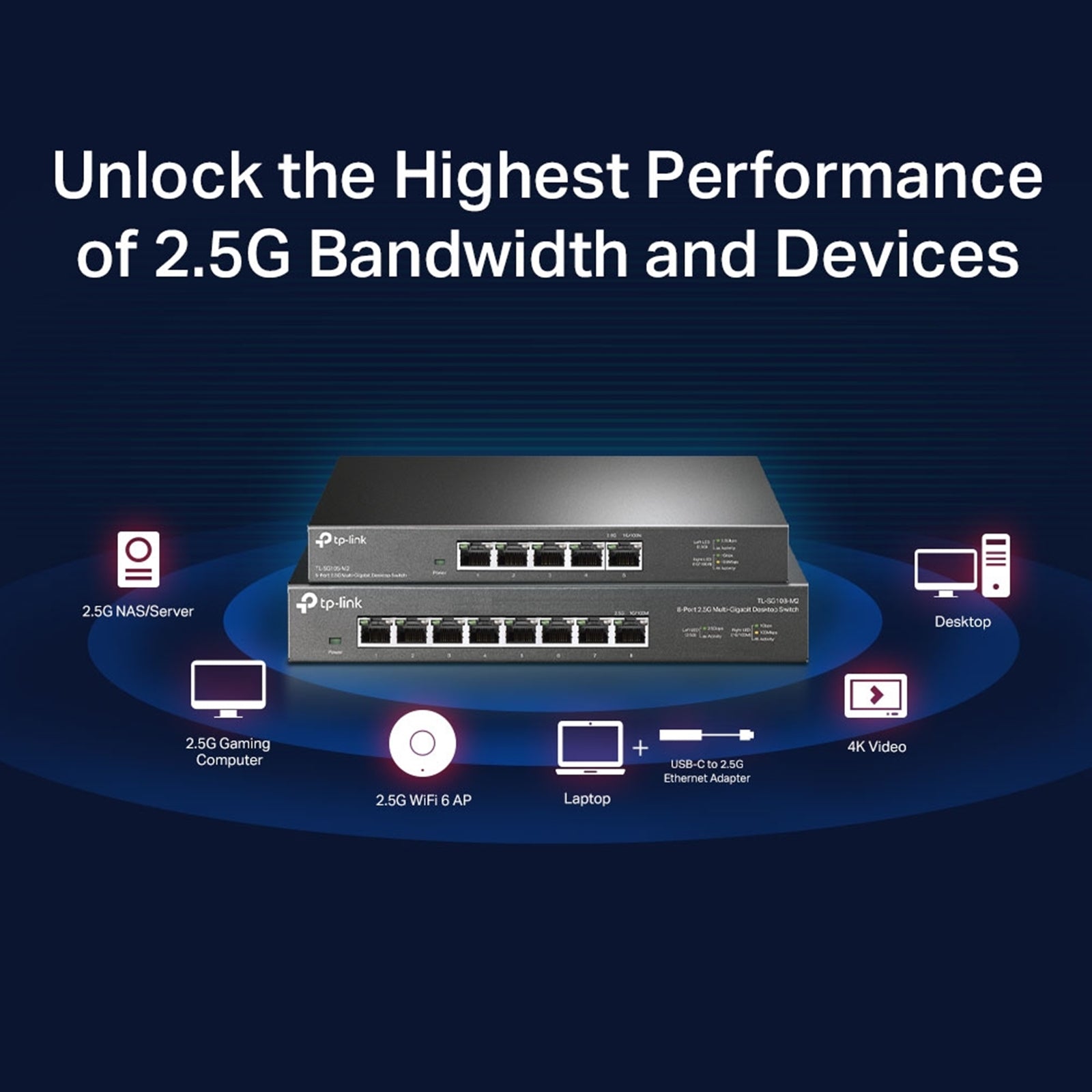 TP-LINK (TL-SG108-M2) 8-Port Unmanaged 2.5G Multi-Gigabit Desktop Switch, 8x 100/1G/2.5G, Fanless, Steel Case