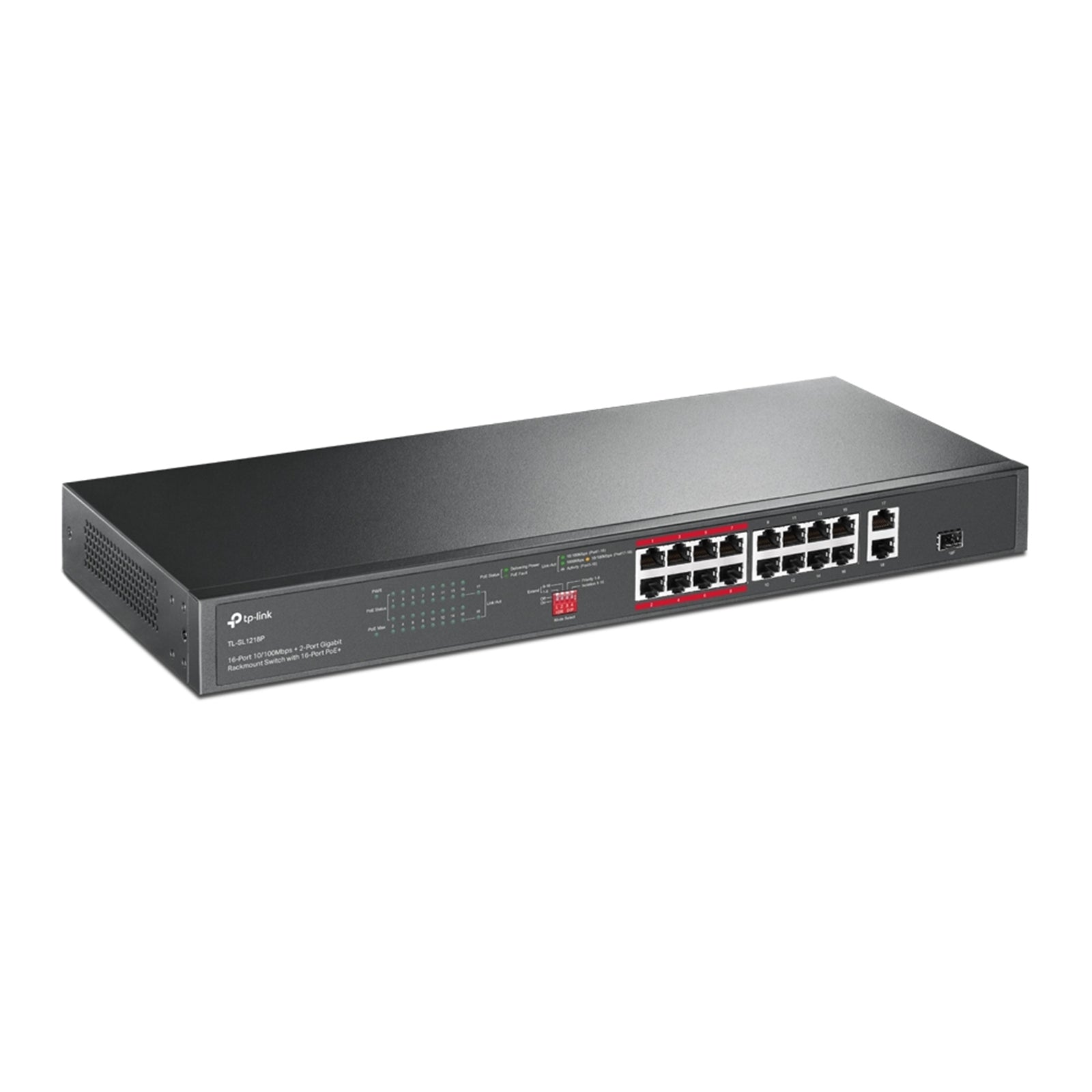 TP-Link TL-SL1218P 16-Port Metal 10/100 Mbps + 2-Port Gigabit Rackmount PoE Switch with 16-Port PoE+ (150W)