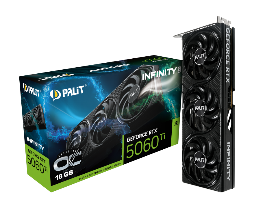 Palit RTX5060 Ti Infinity 3 OC, PCIe5, 16GB DDR7, HDMI, 3 DP, 2662MHz Clock, Overclocked, Compact SFF-Ready