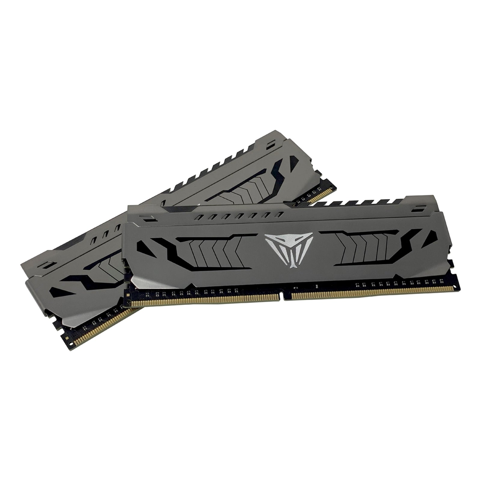 Patriot Viper Steel DDR4 16GB (2x8GB) 3200MHz system memory kit with gunmetal grey heatshield on black motherboard.