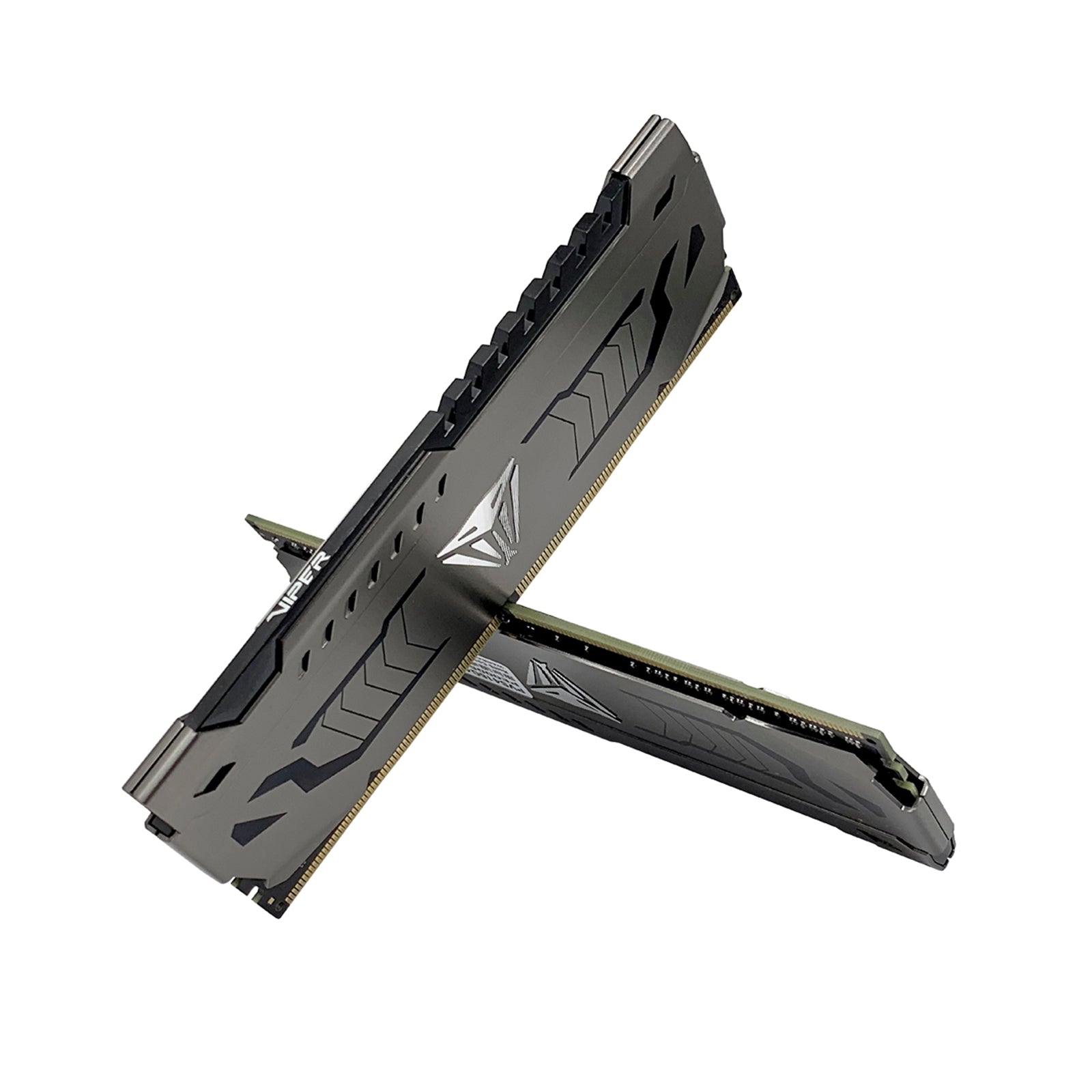 Patriot Viper Steel DDR4 16GB (2x8GB) 3200MHz system memory kit with gunmetal grey heatshield and sleek design.