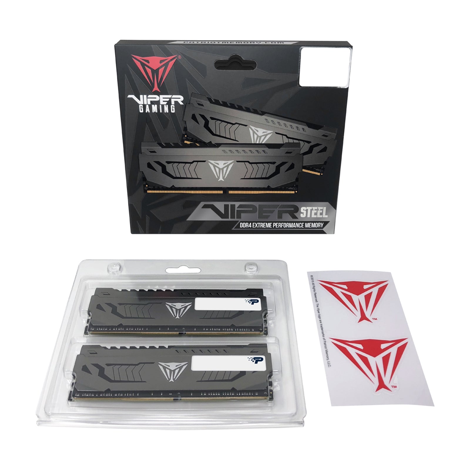 Patriot Viper Steel DDR4 16GB (2x8GB) 3200MHz system memory kit with gunmetal grey heatshield, shown in close-up.