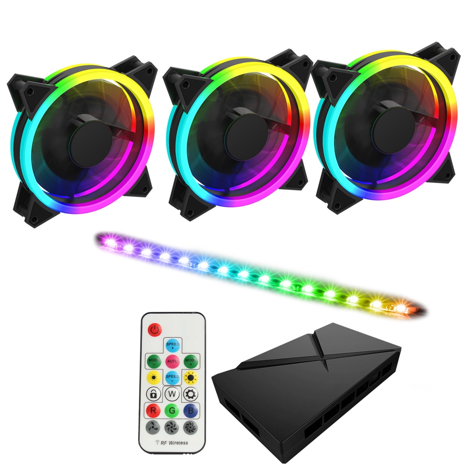 GameMax Addressable RGB 3-in-1 Kit with 3 Velocity Fans, 0.3m Viper LED Strip & PWM Fan Hub with RF Remote Control