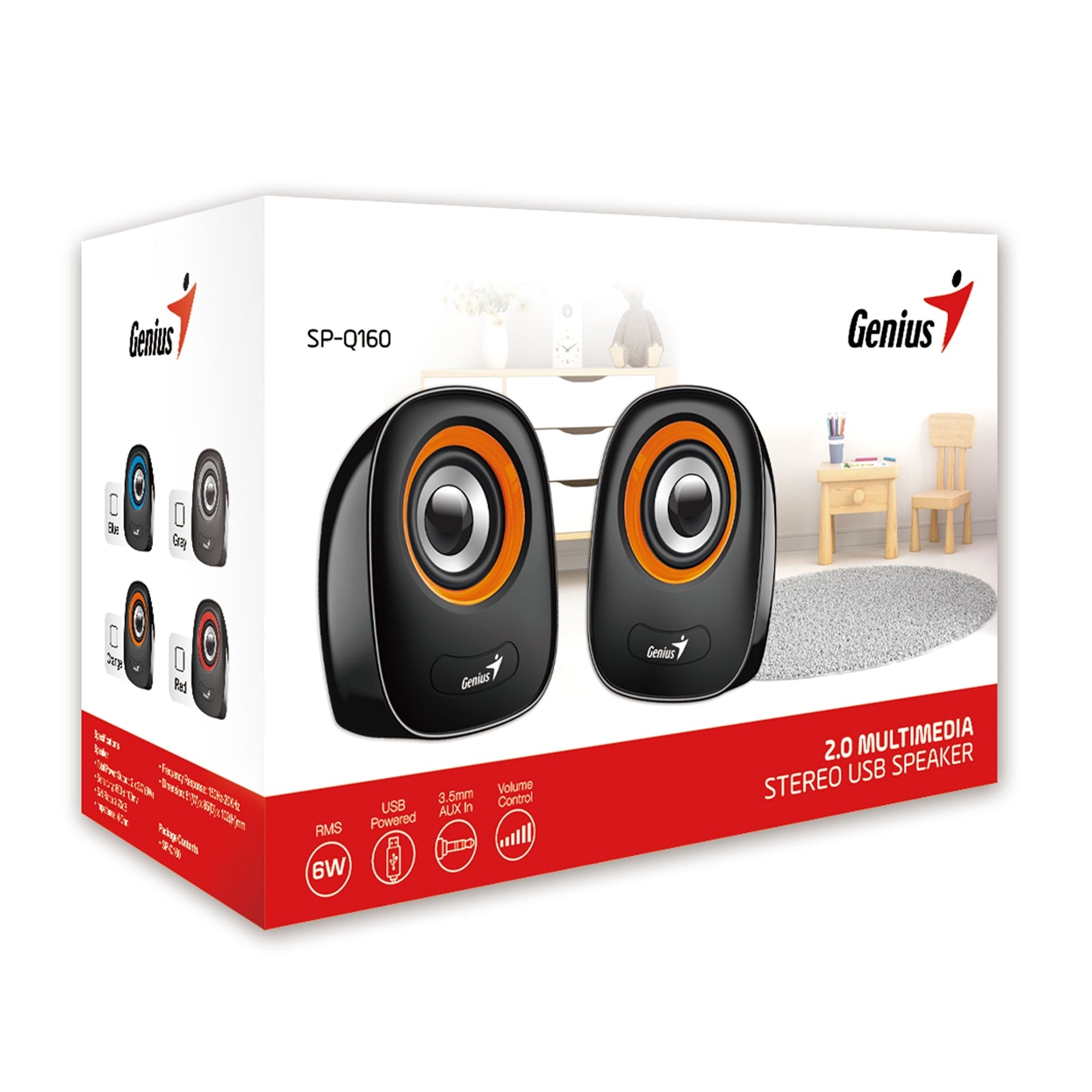 Genius SP-Q160 2.0 Desktop Speakers, Stereo Sound, USB Powered Plug and Play, 6w, 3.5mm with Volume Control, Grey