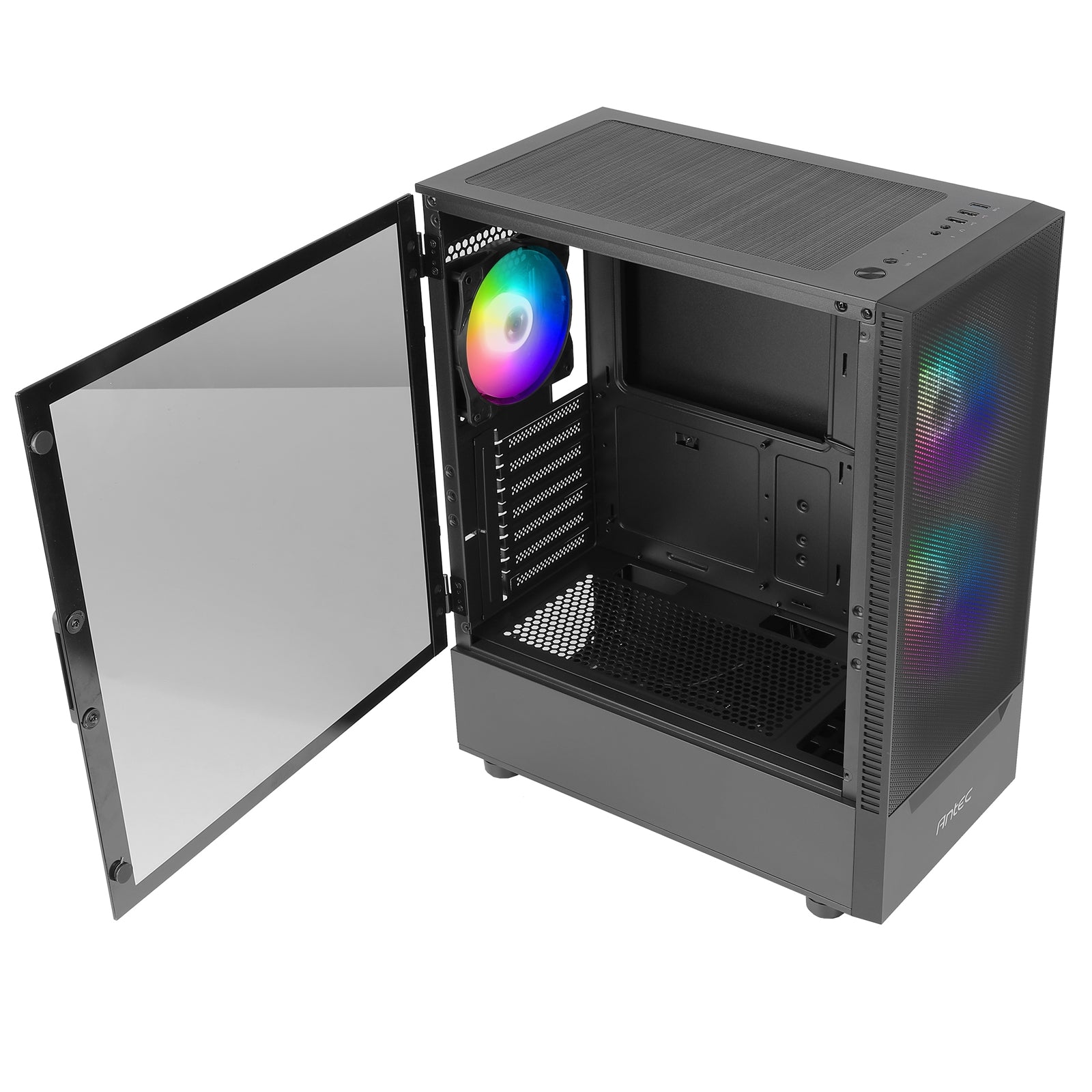 ANTEC NX410 Case, Gaming, Black, Mid Tower, 1 x USB 3.0 / 2 x USB 2.0, Tempered Glass Side Window Panel, Addressable RGB LED Fans, ATX, Micro ATX, Mini-ITX