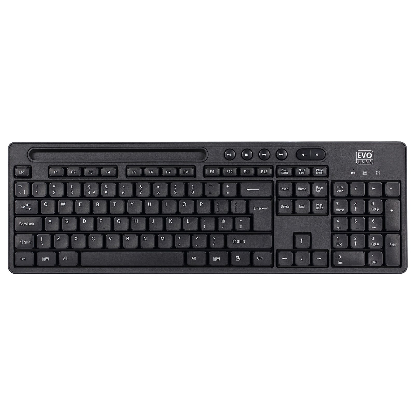 Evo Labs WM-757UK Wireless Keyboard and Mouse Combo Set, With Integrated Tablet/ Mobile/ Smartphone Stand, 2.4GHz Full Size Qwerty UK Layout Keyboard with Wireless Mouse, Ideal for Home/Office, Black