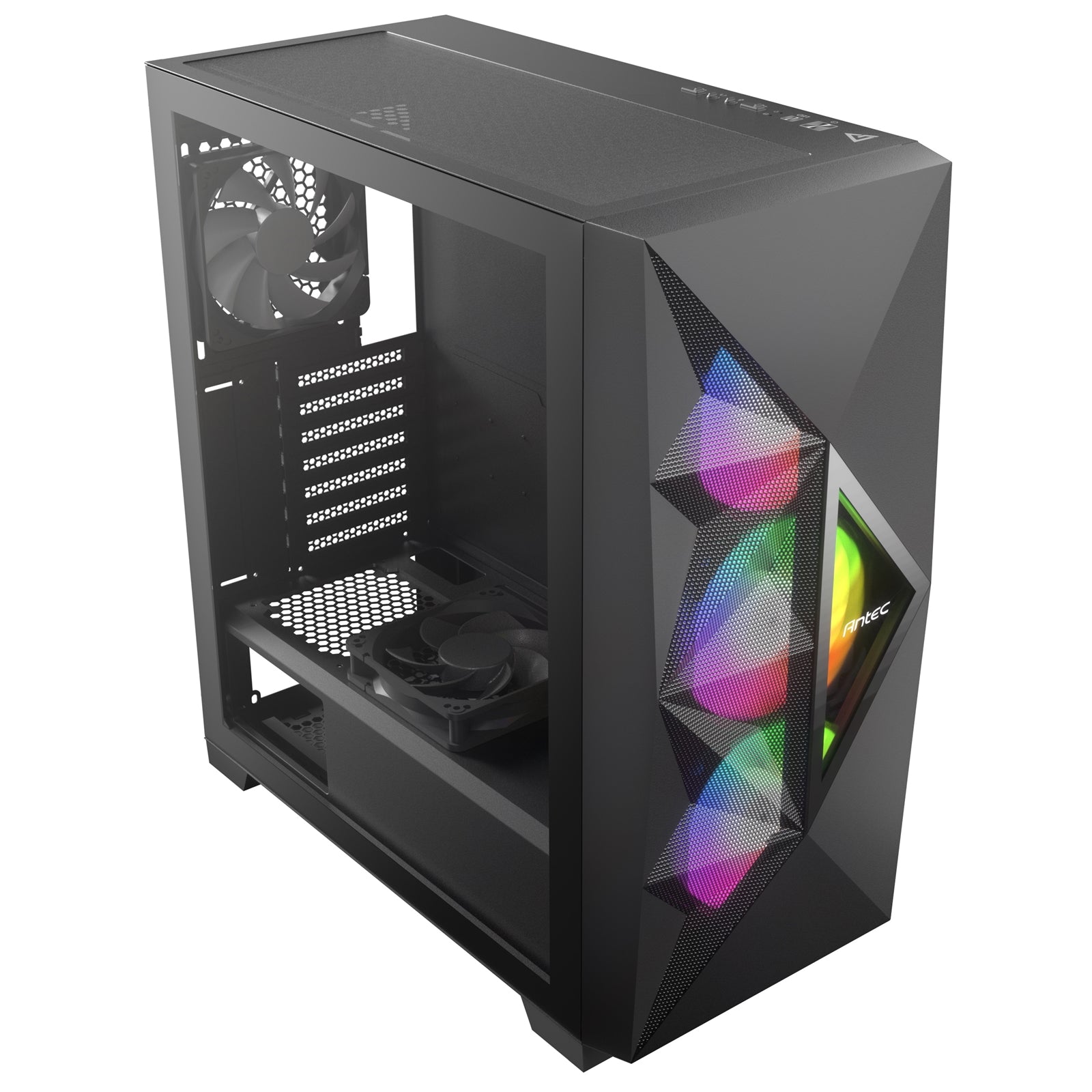 ANTEC DF800 FLUX Case, Gaming, Black, Mid Tower, 2 x USB 3.0, Tempered Glass Side Window Panel, Geometrical Mesh Design & Mirror Surface Front Panel, Addressable RGB LED Fans, Patented F-LUX Platform Cooling Solution, ATX, Micro ATX, Mini-ITX