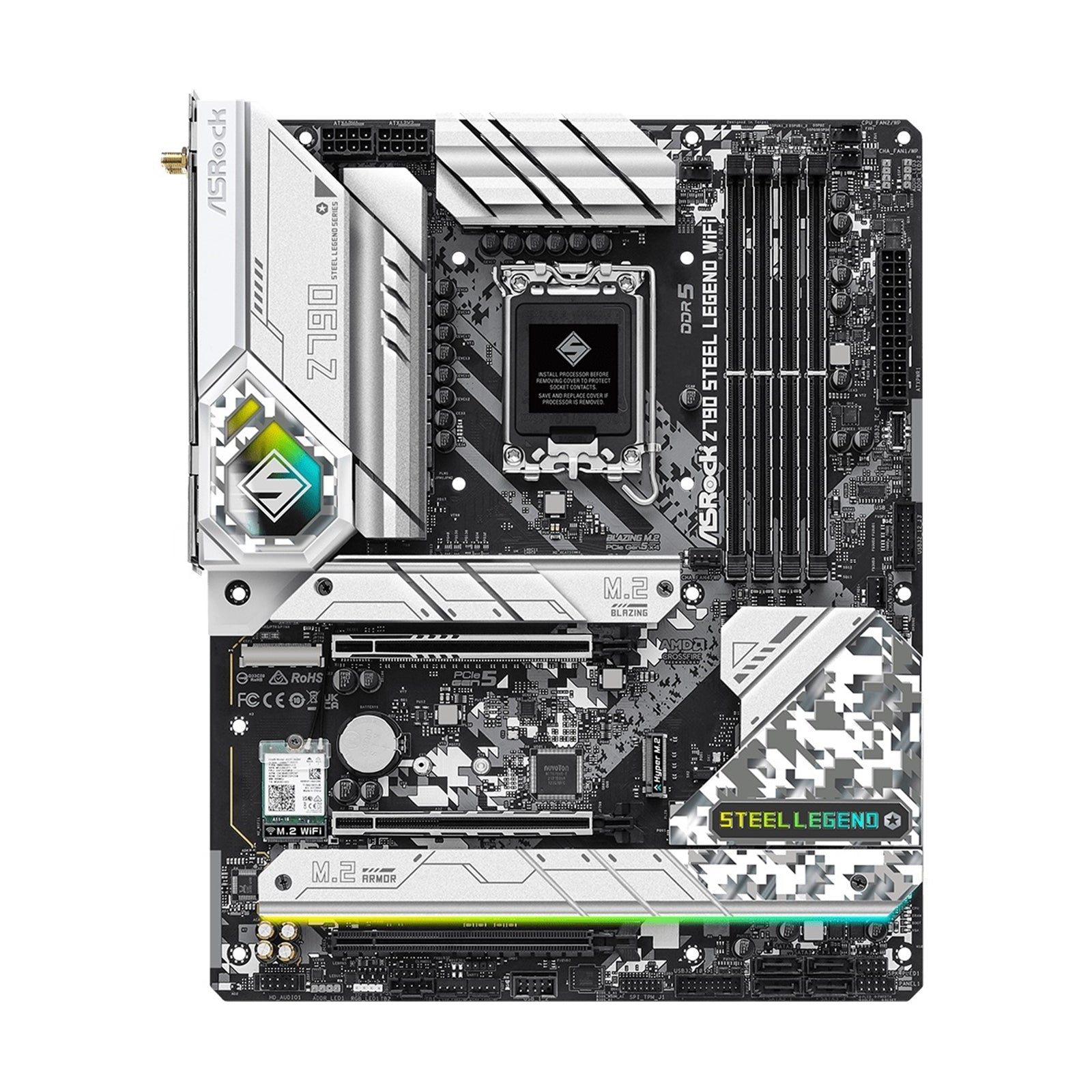 ASRock Z790 Steel Legend WiFi Intel 1700 Socket Motherboard, ATX, 4x DDR5 Slots, 6x M.2 Sockets, 2x USB-C Port, Fitted I/O Shield, 2.5GbE LAN, Wi-Fi 6E, 1x DisplayPort / 1x HDMI Port