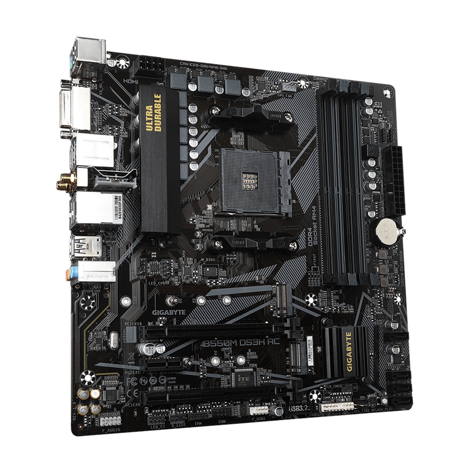 Gigabyte B550M DS3H AC Ultra Durable AMD AM4 Socket Motherboard, Micro-ATX, 4x DDR4 Slots, 2x M.2 Sockets, GbE LAN, Wi-Fi 5, 1x DVI-D / 1x HDMI Port