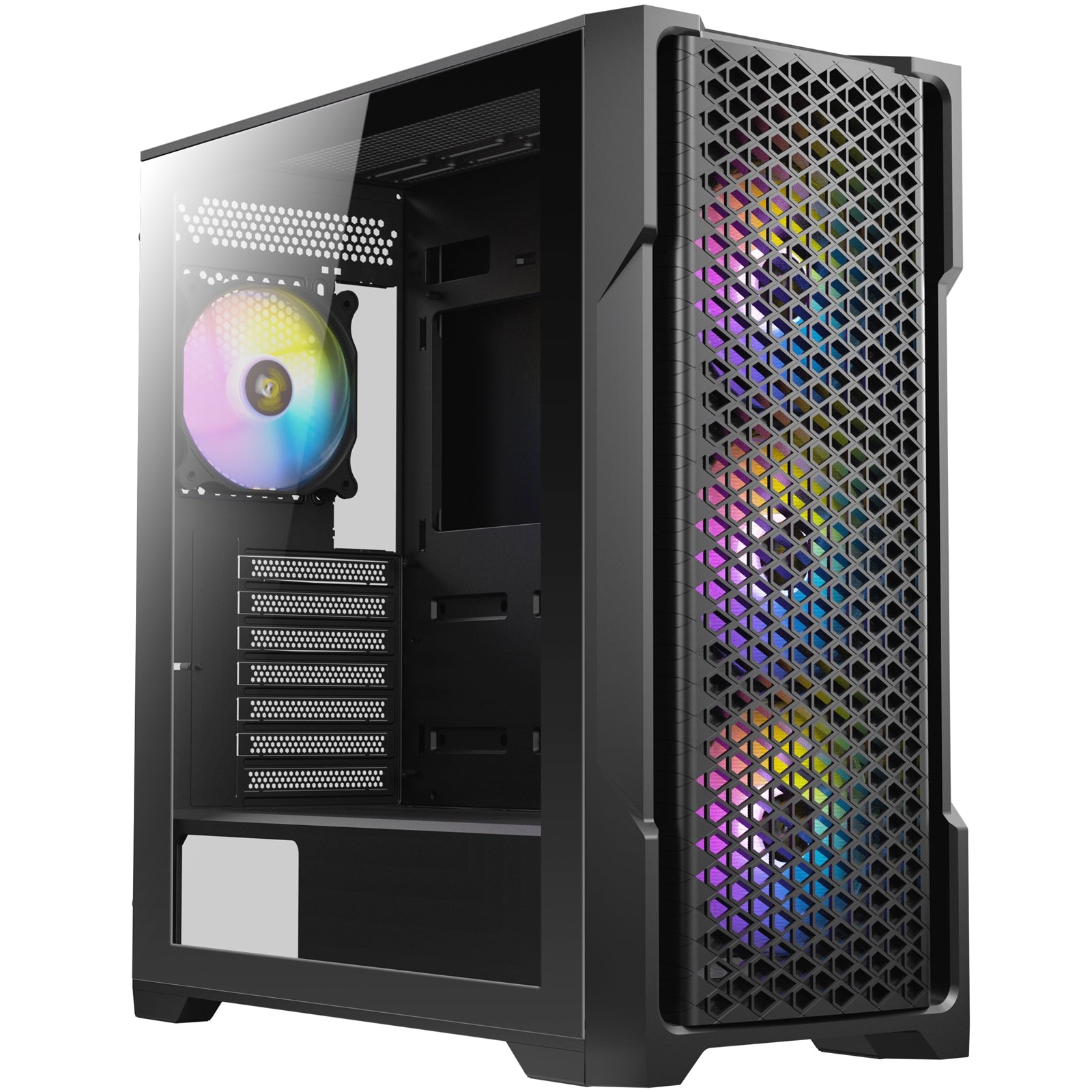 ANTEC AX90 Case, Black, Mid Tower, 1 x USB 3.0 / 2 x USB 2.0, Tempered Glass Side WIndow Panel, Diamond-Shaped Mesh Front Panel for Excellent Cooling Performance, 4 x Addressable RGB Fans Included with Hub