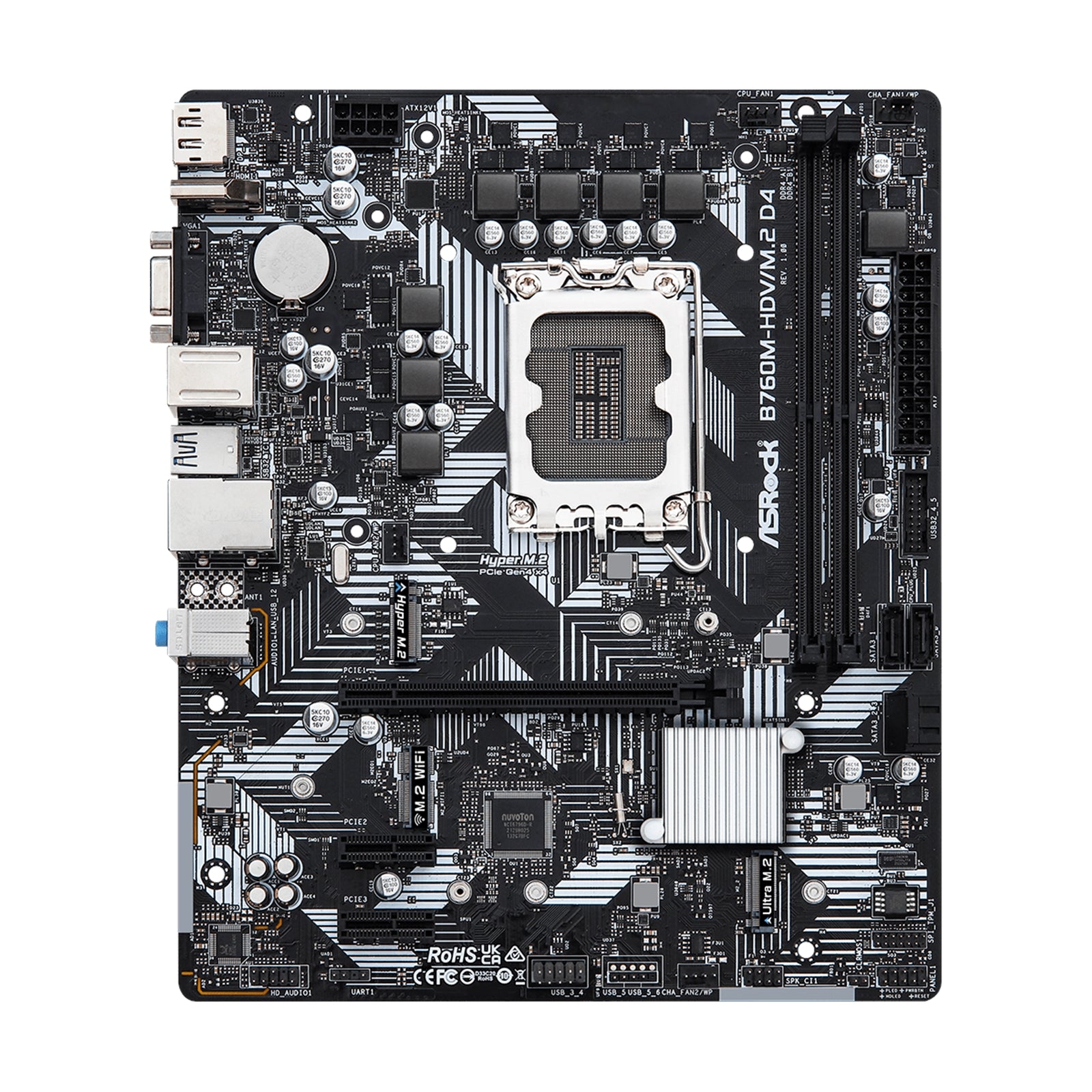 Asrock B760M-HDV/M.2 D4, Intel B760, 1700, Micro ATX, 2 DDR4, VGA, HDMI, DP, GB LAN, PCIe4, 2x M.2