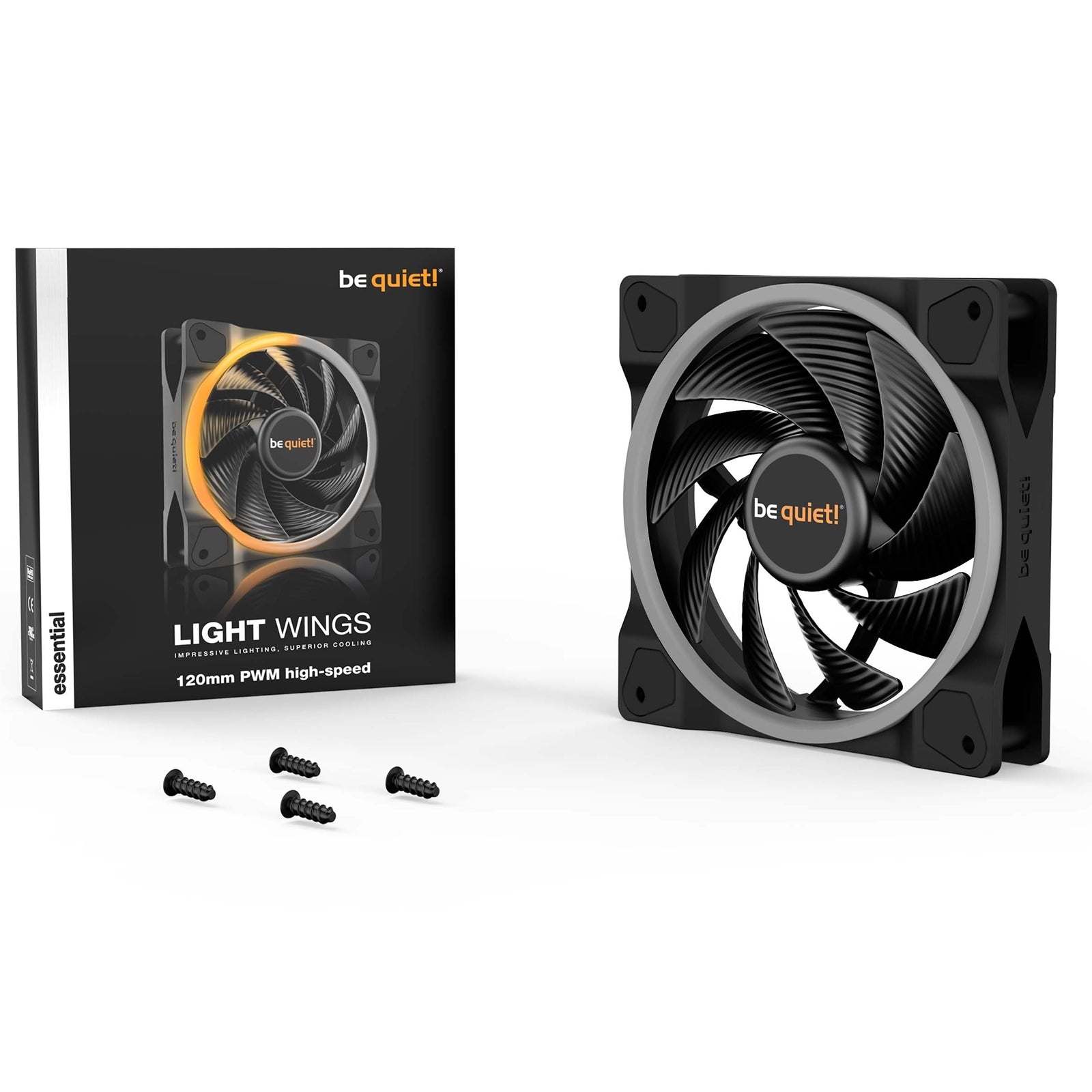 be quiet! Light Wings PWM High Speed Addressable RGB Fan, 120mm, 2500RPM, 4-Pin PWM Fan & 3-Pin ARGB Connectors, Black Frame, Black Blades, ARGB Lighting on Front & Rear