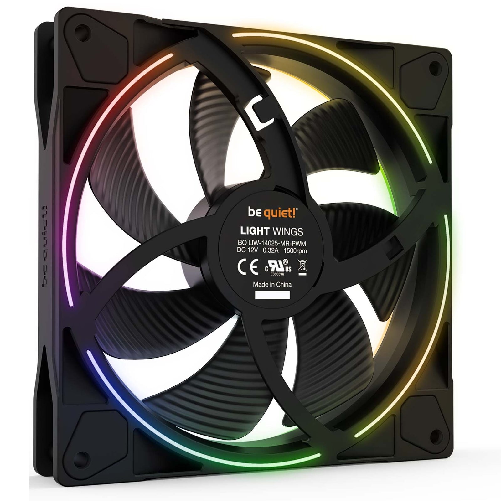 be quiet! Light Wings PWM Addressable RGB Fan, 140mm, 1500RPM, 4-Pin PWM Fan & 3-Pin ARGB Connectors, Black Frame, Black Blades, ARGB Lighting on Front & Rear