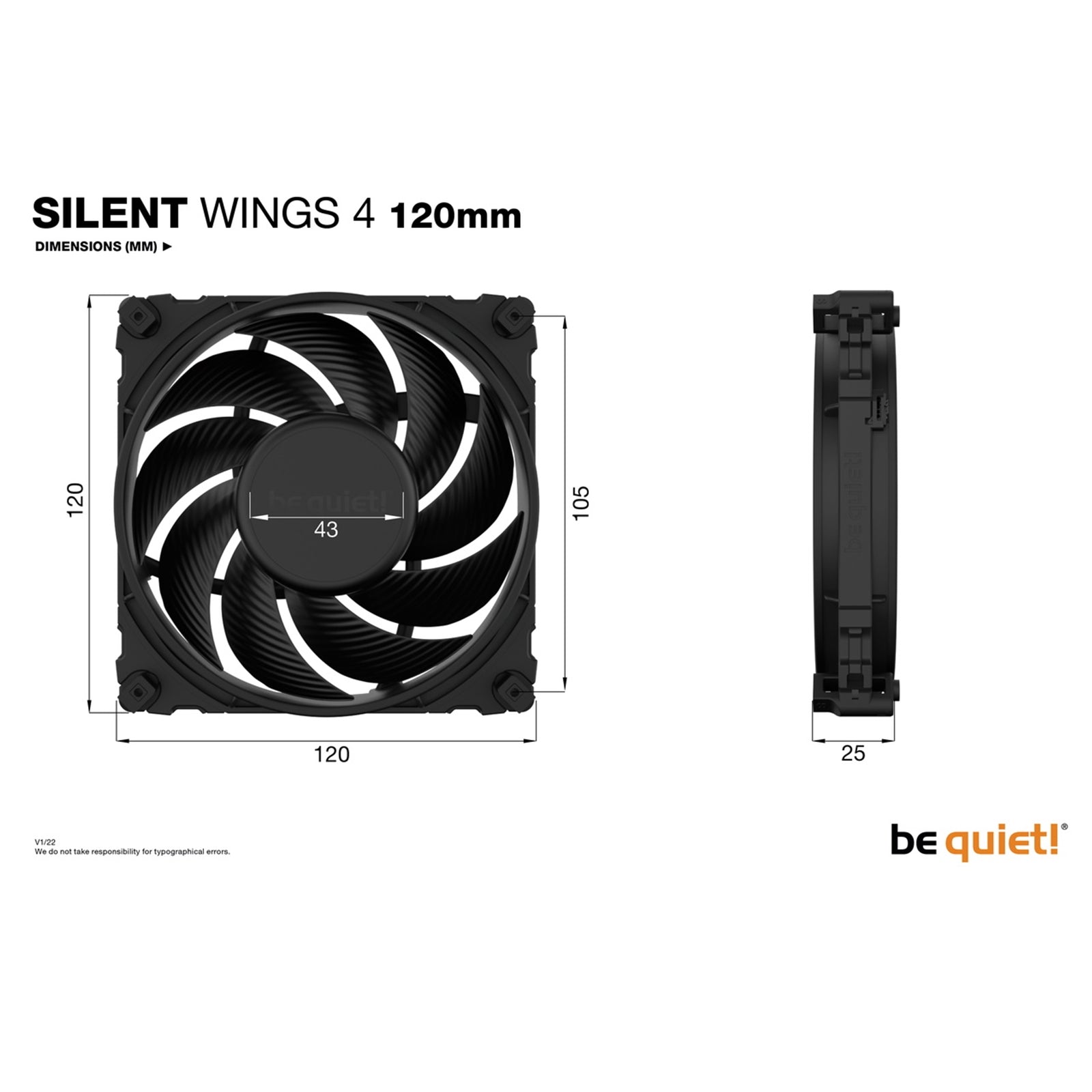 be quiet! Silent Wings 4 Black Fan, 120mm, 1600RPM, 3-Pin Fan Connector, Black Frame, Black Blades, Optimized Fan Blades for High End Performance, 2 Mounting Options