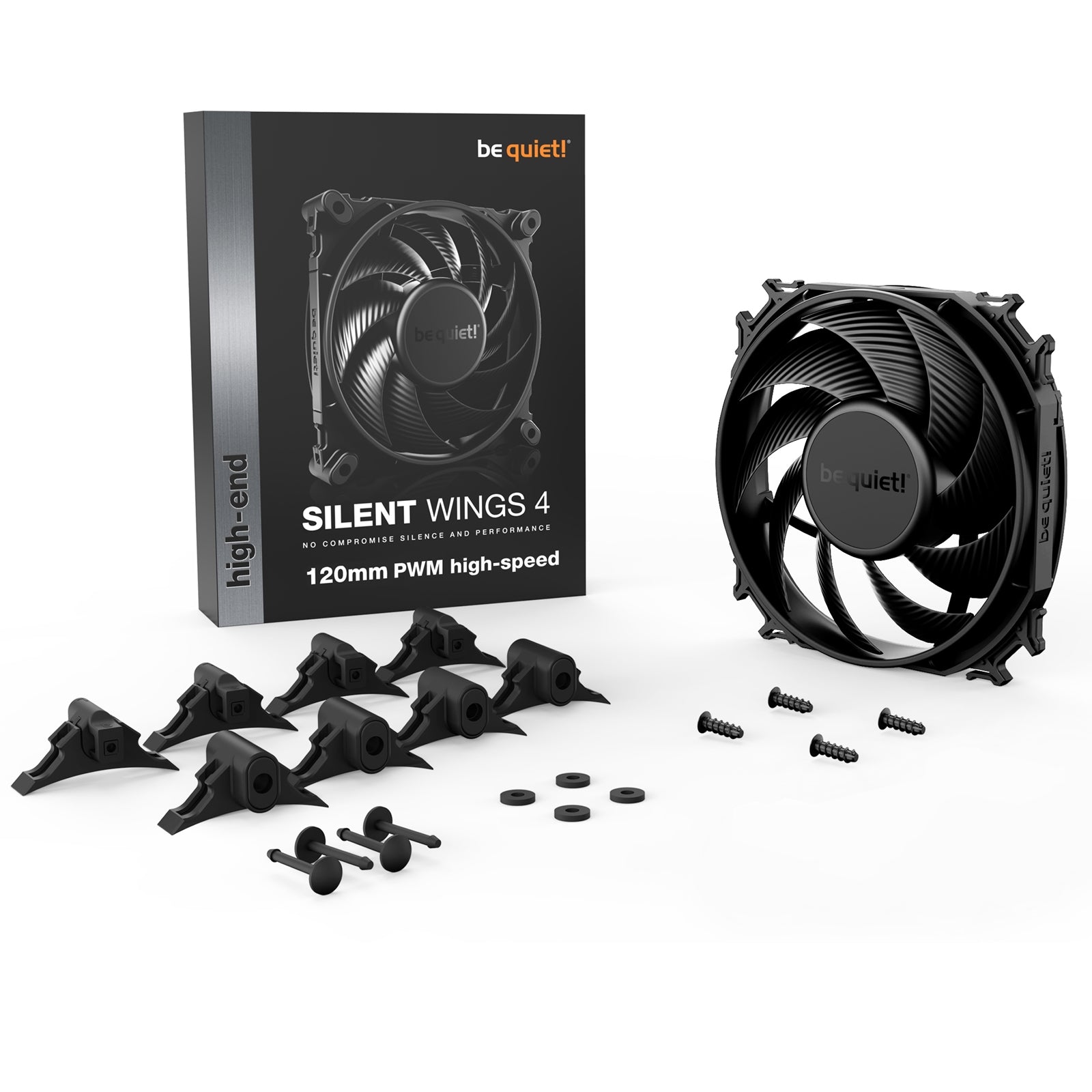 be quiet! Silent Wings 4 PWM High Speed Black Fan, 120mm, 2500RPM, 4-Pin PWM Fan Connector, Black Frame, Black Blades, Optimized Fan Blades for High End Performance, 2 Mounting Options