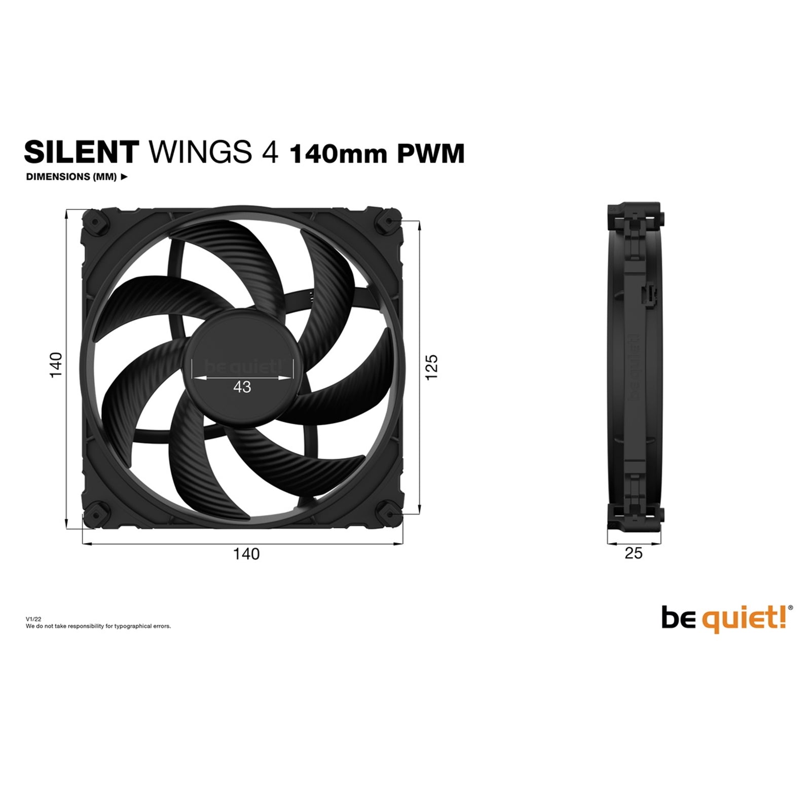 be quiet! Silent Wings 4 PWM Black Fan, 140mm, 1100RPM, 4-Pin PWM Fan Connector, Black Frame, Black Blades, Optimized Fan Blades for High End Performance, 2 Mounting Options