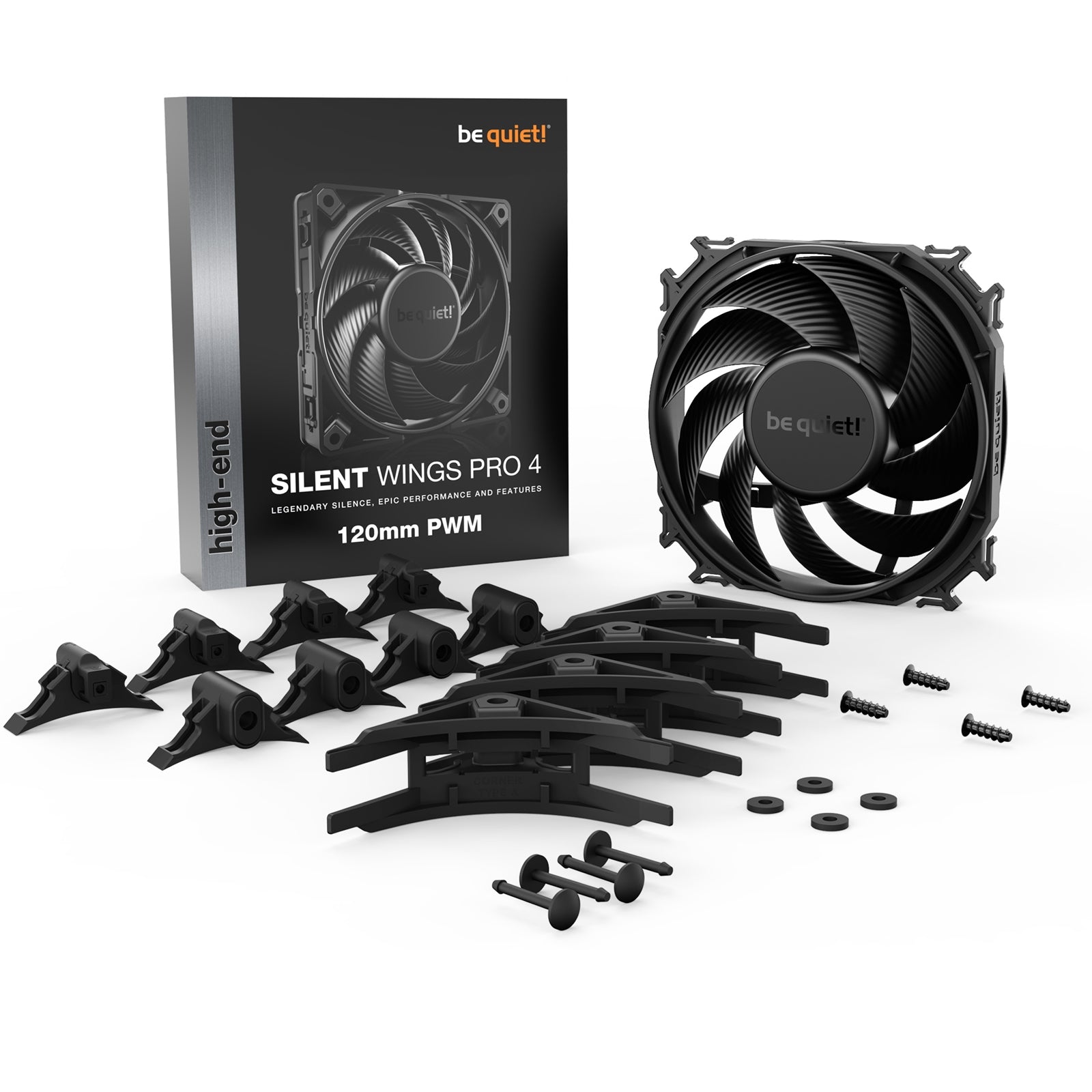 be quiet! Silent Wings Pro 4 PWM Black Fan, 120mm, 3000RPM, 4-Pin PWM Fan Connector, Black Frame, Black Blades, Optimized Fan Blades for the Highest Performance for Radiators & Heat Sinks, 3 Mounting Options, 3 Speed Switch