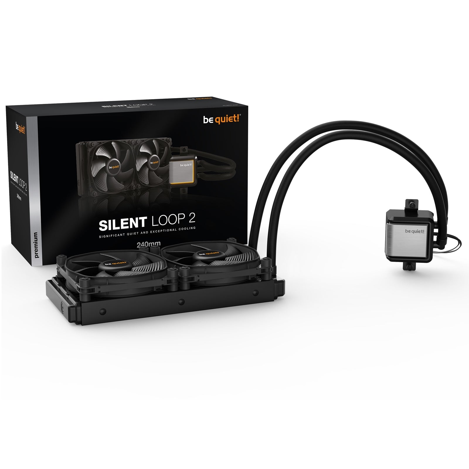 be quiet! Silent Loop 2 AiO Liquid CPU Cooler, Universal Socket, 240mm Radiator, 2 x Silent Wings 3 120mm PWM High Speed 2200RPM Black Cooling Fan, Addressable RGB LED Pump Head with Powerful 3 Chamber Design to Significantly Reduce Turbulences & Noise