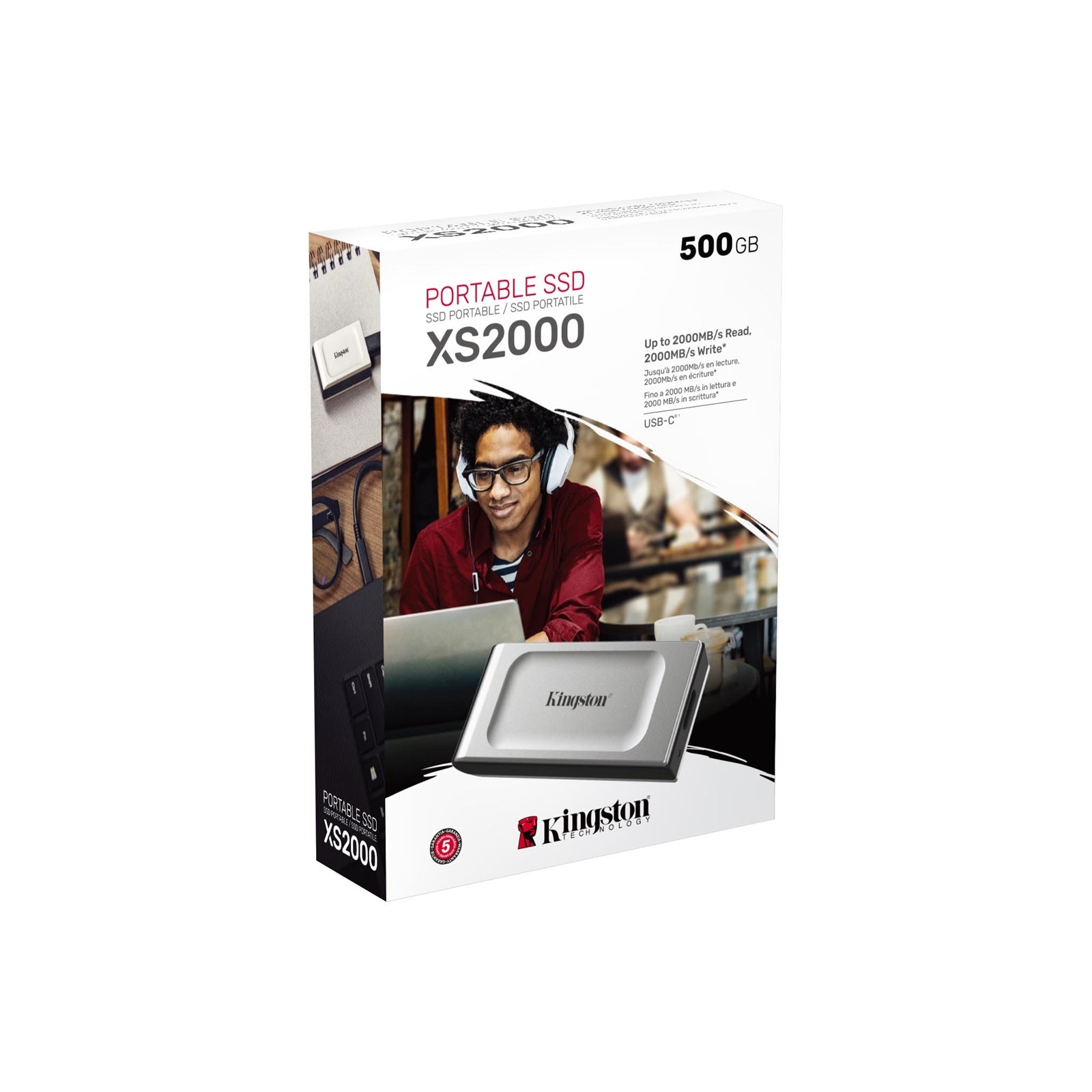 Kingston (SXS2000/1000G) XS2000 External Solid State Drive (SSD), Includes rubber sleeve and USB-C cable,USB 3.2 Gen 2x2, Up to 2000MB/s read, 2000MB/s write