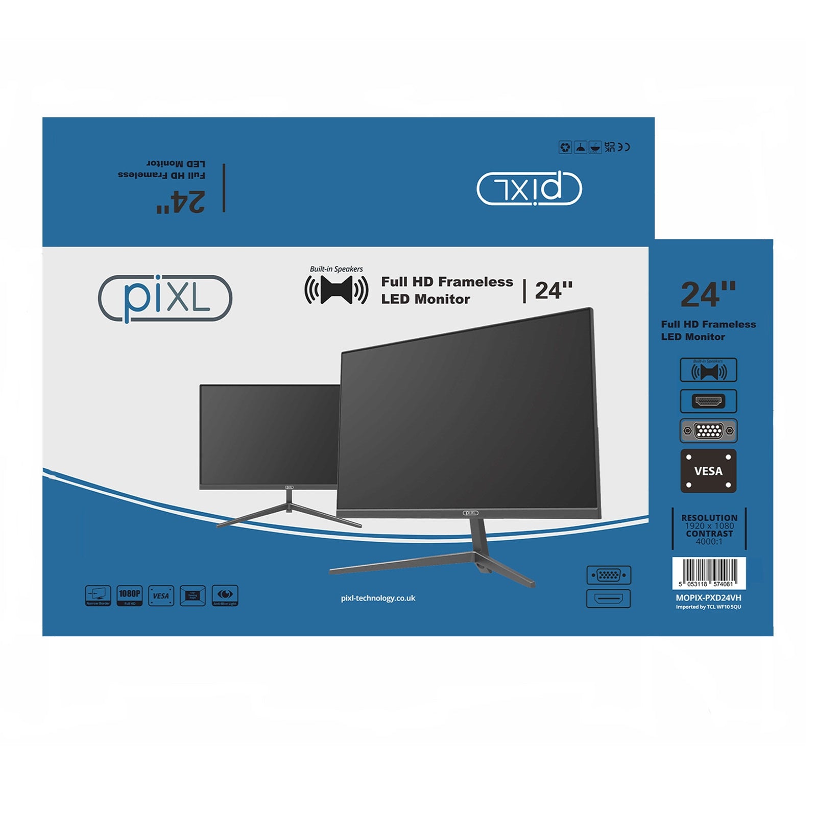 piXL PXD24VH 24 Inch Frameless Monitor, Widescreen, 6.5ms Response Time, 60Hz Refresh Rate, Full HD 1920 x 1080, 16:10 Aspect Ratio, VGA, HDMI, Internal PSU, Speakers, 16.7 Million Colour Support, Black Finish