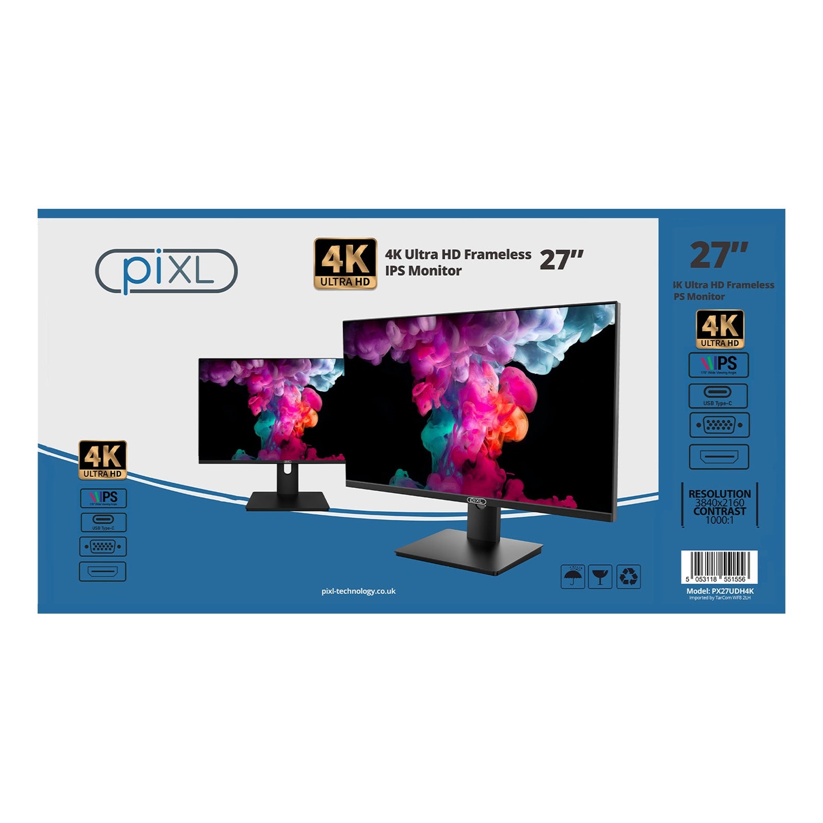 piXL PX27UDH4K 27 Inch Frameless IPS Monitor, 4K, LED Widescreen, 5ms Response Time, 60Hz Refresh Rate, HDMI, Display Port, 2x USB-A, USB-B, USB-C, 16.7 Million Colour Support, VESA Mount, Black Finish, 3 Year Warranty