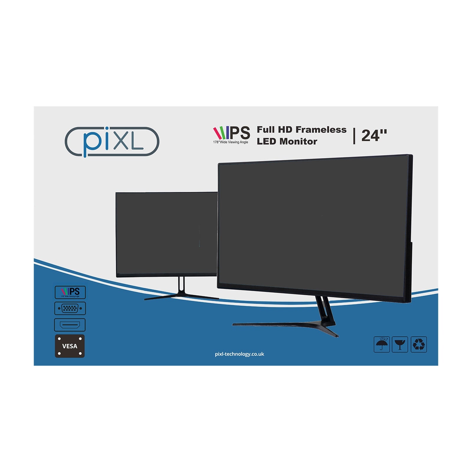 piXL PX24IVHF 24 Inch Frameless Monitor, Widescreen IPS LCD Panel, 5ms Response Time, 75Hz Refresh Rate, Full HD 1920 x 1200, VGA, HDMI, Internal PSU, 16.7 Million Colour Support, Black Finish, 3 Year Warranty