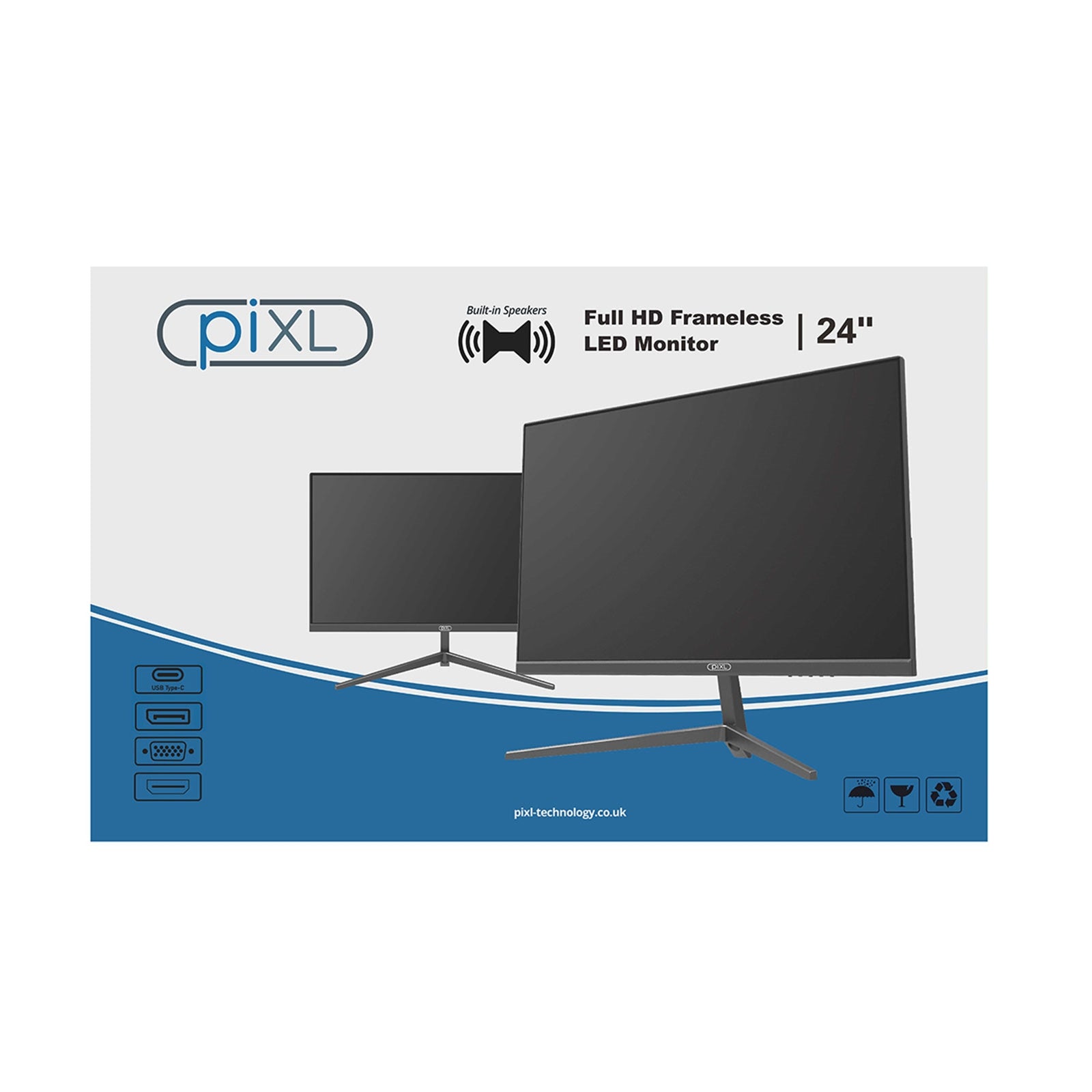 piXL PX24IPUHDS 24 Inch Frameless IPS Monitor, Widescreen LCD Panel, 5ms Response Time, 75Hz Refresh Rate, Full HD 1920 x 1080, HDMI, Display Port, USB-C, Speakers 16.7 Million Colour Support, Black Finish