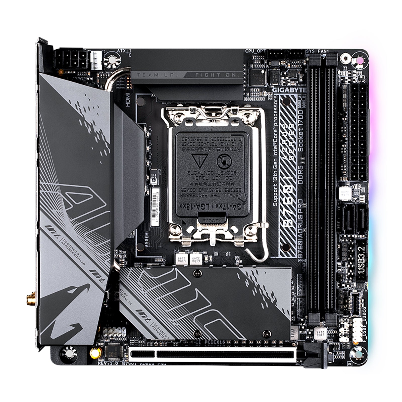 Gigabyte B760I AORUS PRO DDR5 Motherboard, Intel Socket 1700, 1x PCIe 4.0 x16, 2x PCIe 4.0 x4 M.2, USB Type-C with USB 3.2 Gen 2 Support, Q Flash Plus, Intel Wi-Fi 6E AX211, Bluetooth 5.3, DisplayPort/HDMI