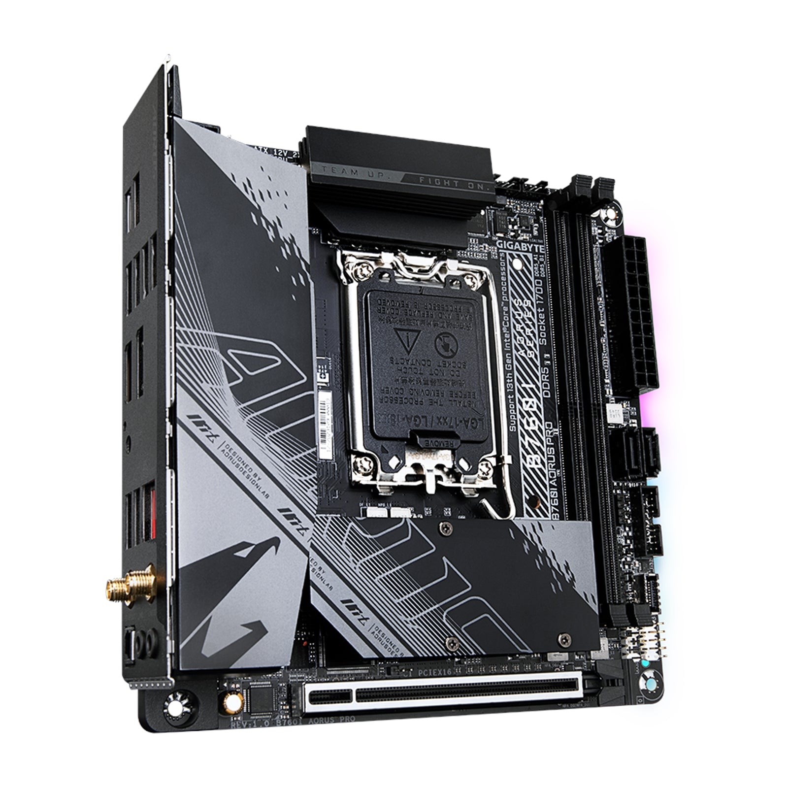 Gigabyte B760I AORUS PRO DDR5 Motherboard, Intel Socket 1700, 1x PCIe 4.0 x16, 2x PCIe 4.0 x4 M.2, USB Type-C with USB 3.2 Gen 2 Support, Q Flash Plus, Intel Wi-Fi 6E AX211, Bluetooth 5.3, DisplayPort/HDMI