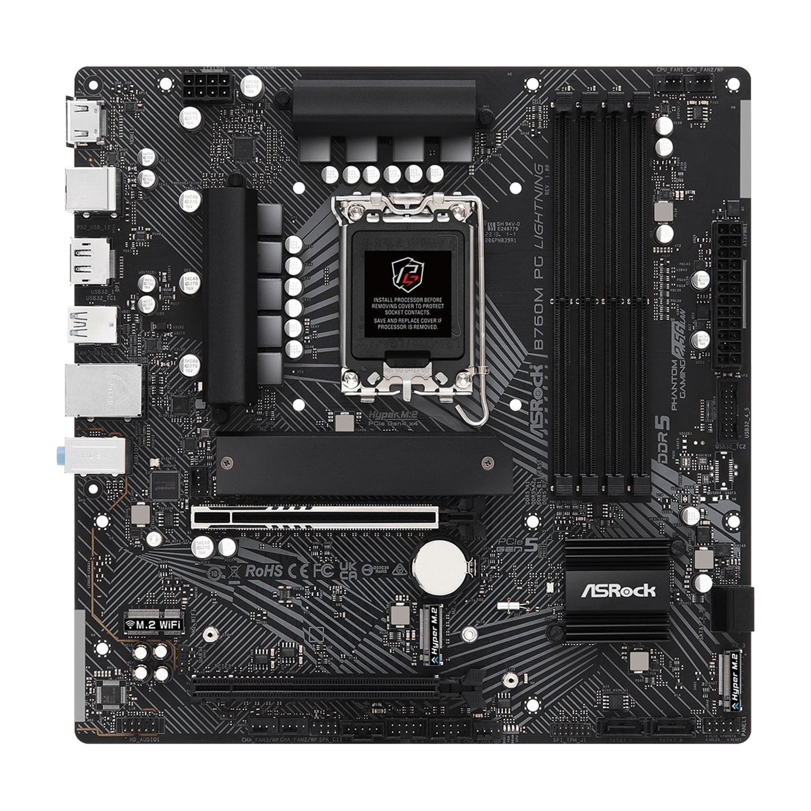 ASRock B760M PG Lightning Intel 1700 Socket Motherboard, Micro-ATX, 4x DDR5 Slots, 4x M.2 Sockets, 1x USB-C Port, 2.5GbE LAN, 1x DisplayPort / 1x HDMI Port