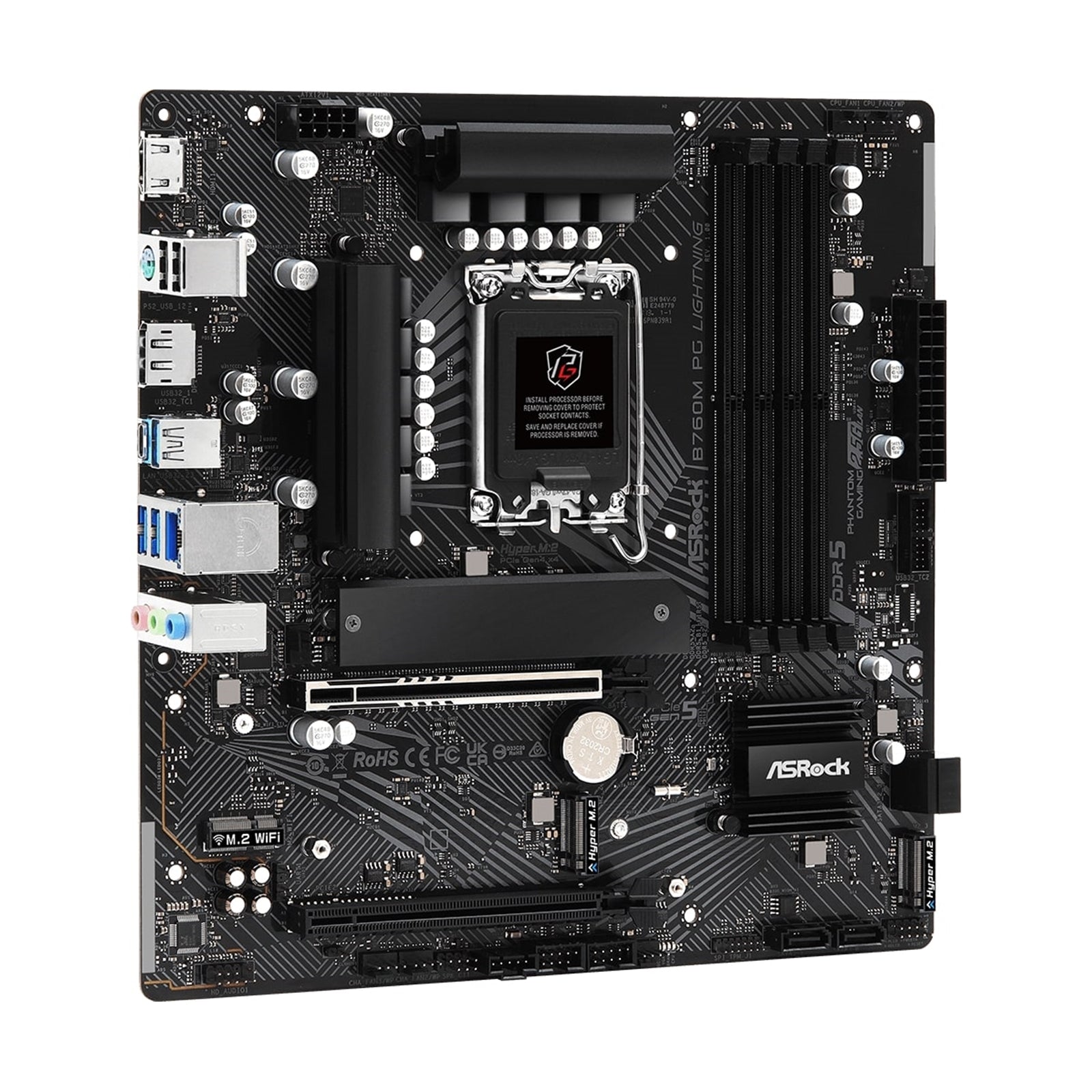 ASRock B760M PG Lightning Intel 1700 Socket Motherboard, Micro-ATX, 4x DDR5 Slots, 4x M.2 Sockets, 1x USB-C Port, 2.5GbE LAN, 1x DisplayPort / 1x HDMI Port