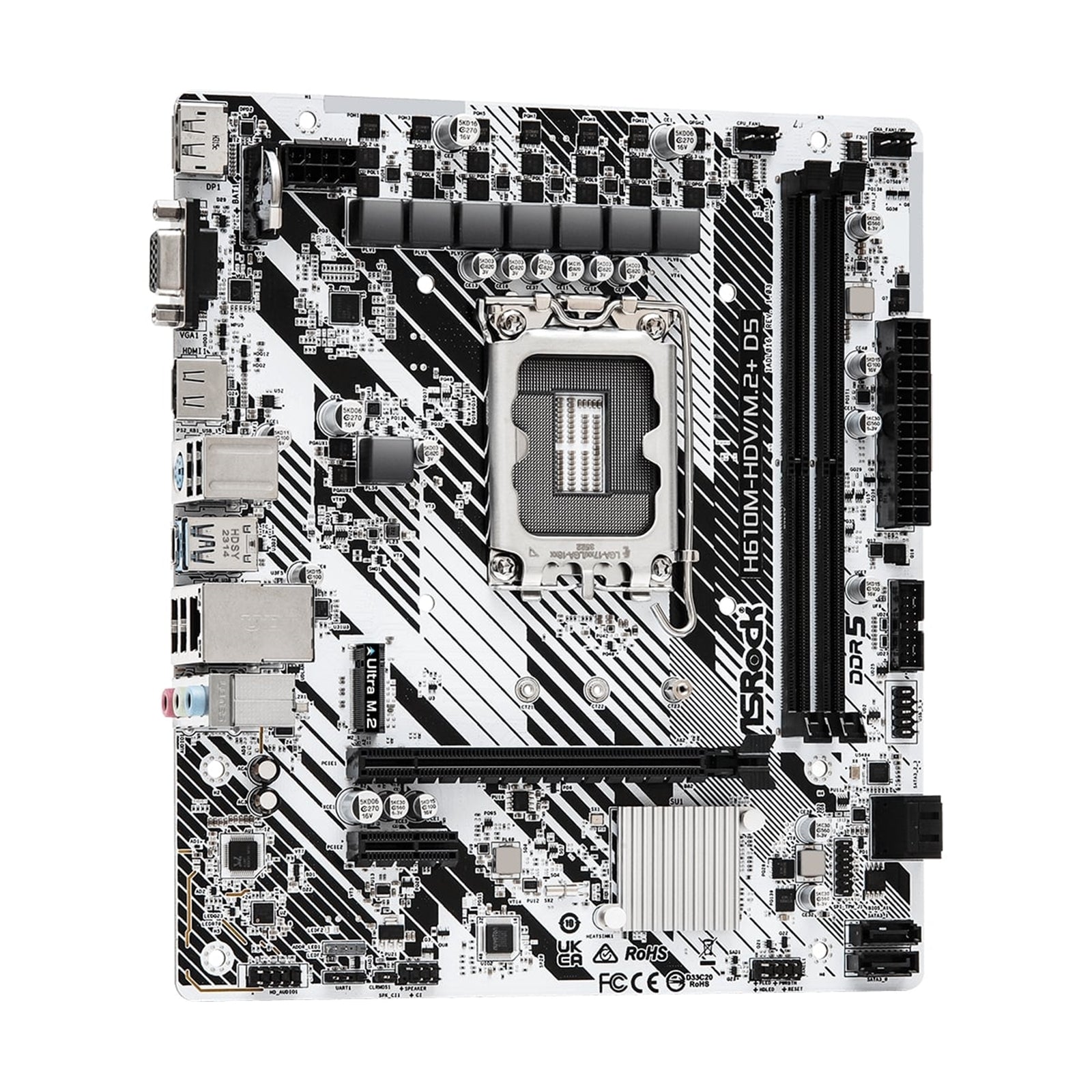 ASRock H610M-HDV/M.2+ D5 Intel 1700 Socket Motherboard, Micro-ATX, 2x DDR5 Slots, 1x M.2 Socket, 1x USB-C Port, GbE LAN, 1x D-Sub / 1x DisplayPort / 1x HDMI Port