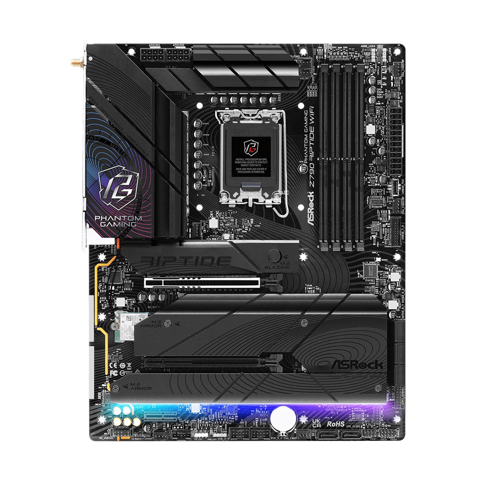 ASRock Z790 Riptide WiFi PHANTOM GAMING Intel 1700 Socket Motherboard, ATX, 4x DDR5 Slots, 6x M.2 Sockets, 2x USB-C Port, Fitted I/O Shield, 2.5GbE LAN, Wi-Fi 7, 1x DisplayPort / 1x HDMI Port