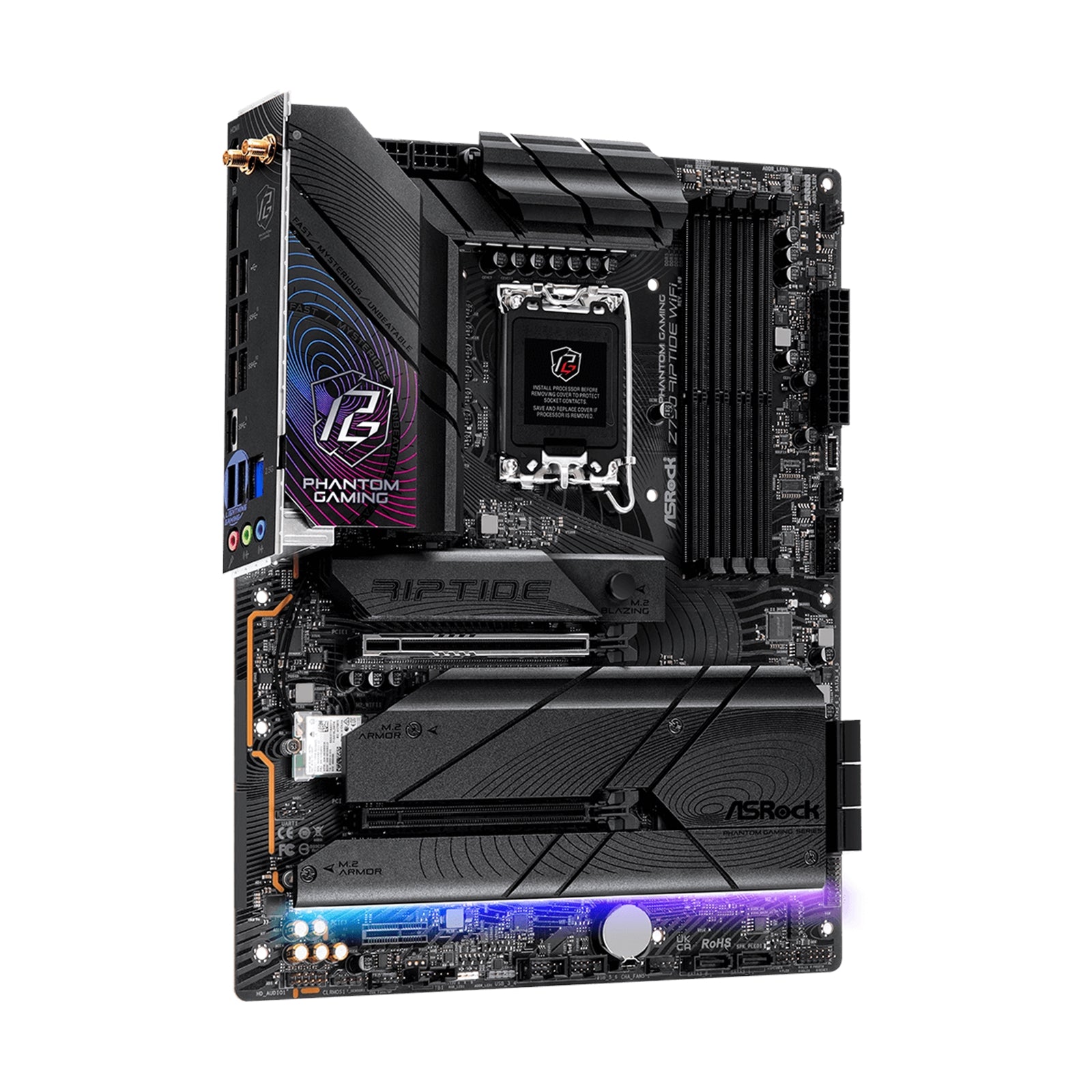 ASRock Z790 Riptide WiFi PHANTOM GAMING Intel 1700 Socket Motherboard, ATX, 4x DDR5 Slots, 6x M.2 Sockets, 2x USB-C Port, Fitted I/O Shield, 2.5GbE LAN, Wi-Fi 7, 1x DisplayPort / 1x HDMI Port