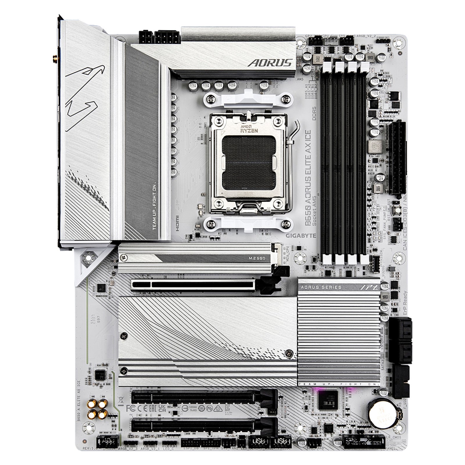 Gigabyte B650 AORUS ELITE AX ICE AMD AM5 Socket Motherboard, ATX, 4x DDR5 Slots, 3x M.2 Sockets, 2x USB-C Port, Fitted I/O Shield, 2.5GbE LAN, Wi-Fi 6E, 1x DisplayPort / 1x HDMI Port